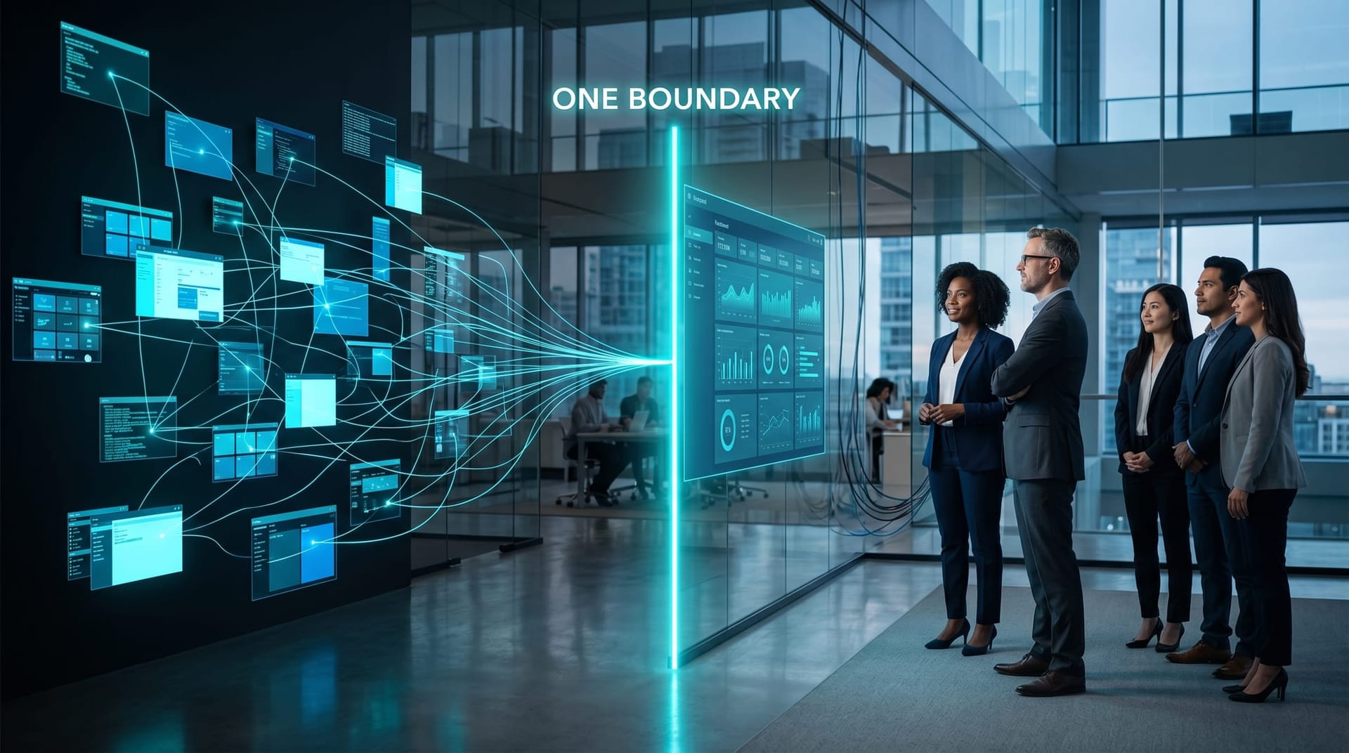 Many tangled agent connections collapse into one clean glowing cyan gateway boundary in front of a business team in a glass-walled office