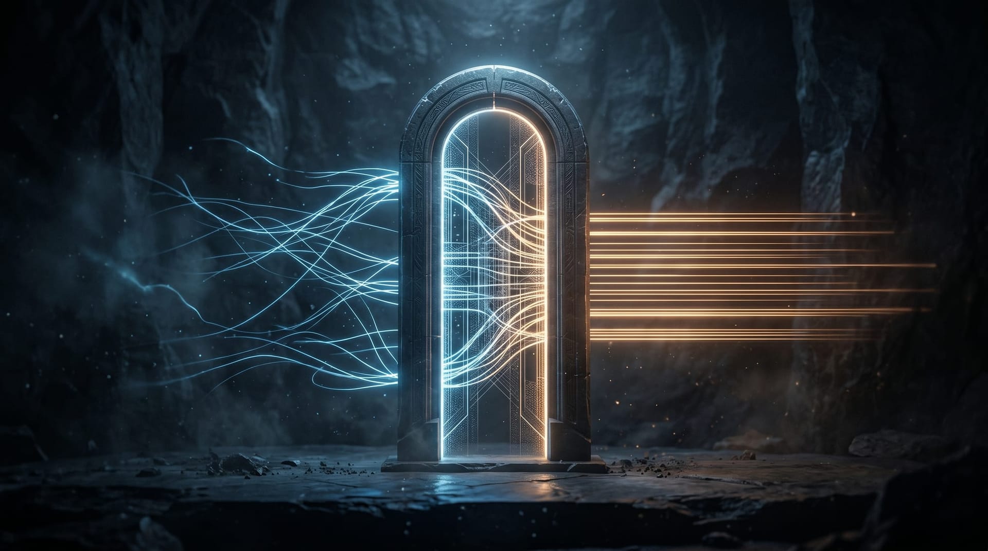 Abstract visualization of a glowing gateway-shaped portal brokering traffic between two sides of a dark technical landscape, representing the Secure AI Gateway pattern that contains AI defender blast radius.