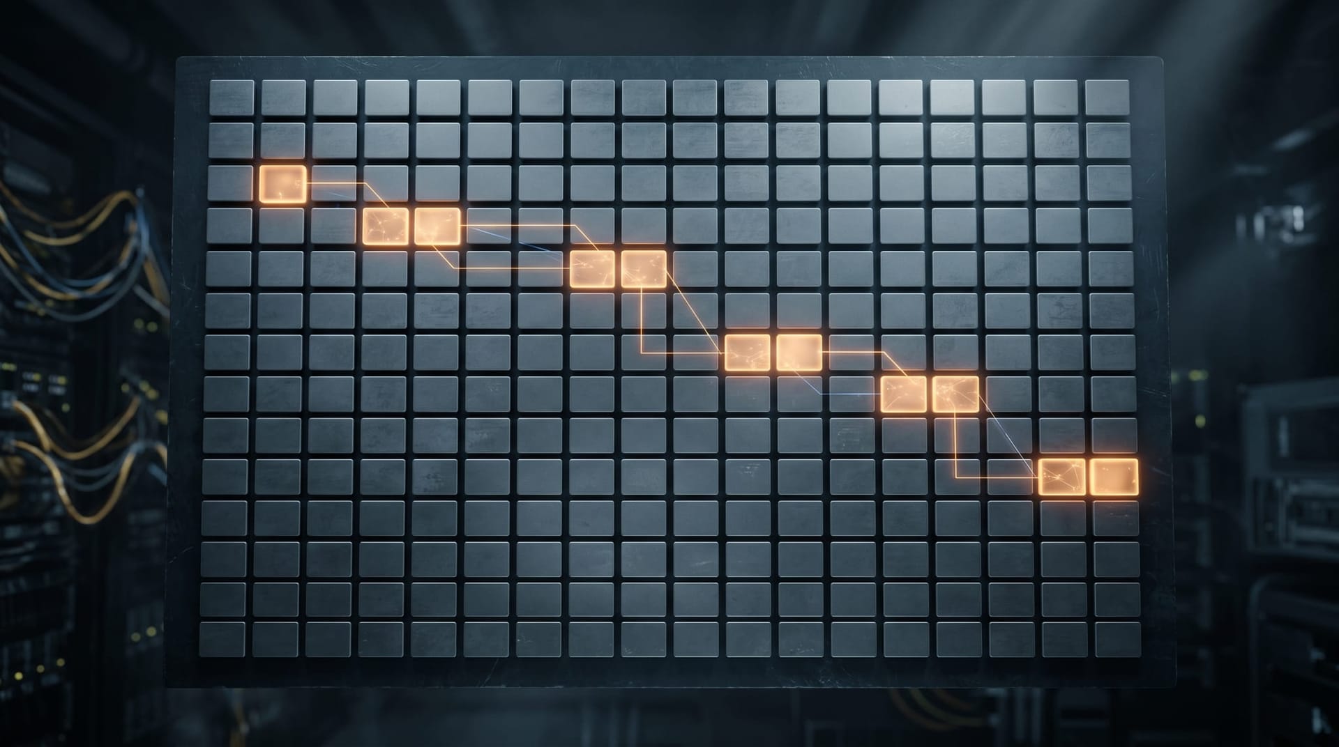 Abstract grid-based visualization of interconnected attack-tactic nodes on a dark background with selective highlighted paths, representing how AI Defender Compromise maps onto the existing MITRE ATT&CK adversary framework.