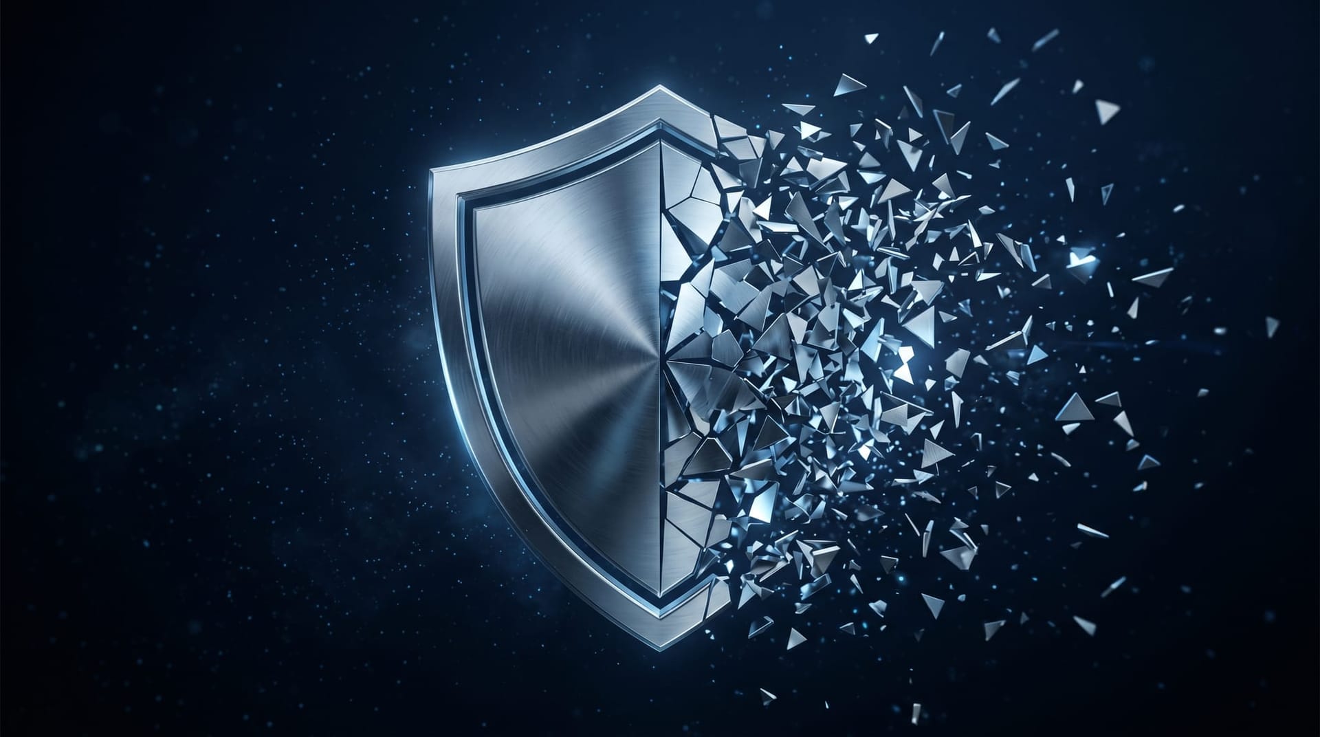 Abstract conceptual illustration of a shield icon splitting into two halves — one solid and defensive, the other fragmented and hostile — evoking the AI Defender Compromise pattern where the defender becomes the attack surface.