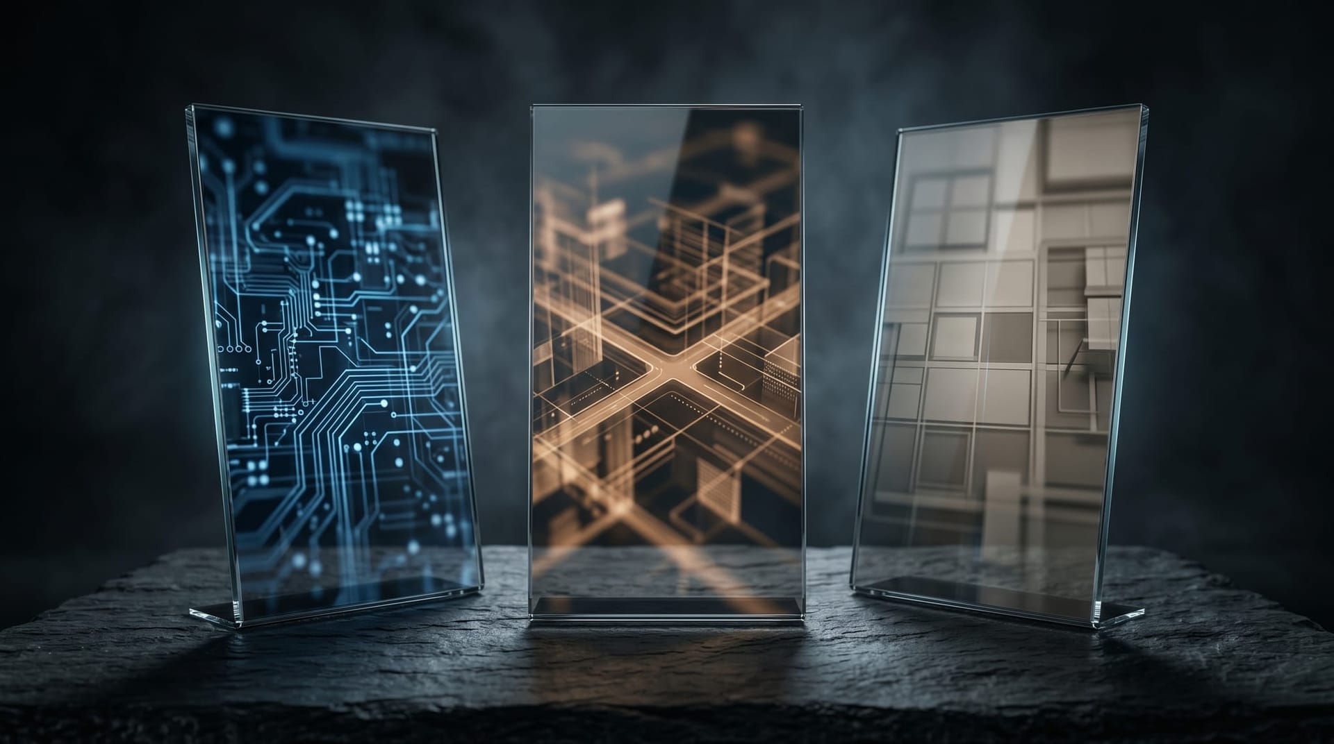 Clean editorial illustration of three angled glass panels on a dark surface, each reflecting a slightly different abstract scene, representing the vendor, buyer, and governance lenses on AI Defender Compromise.