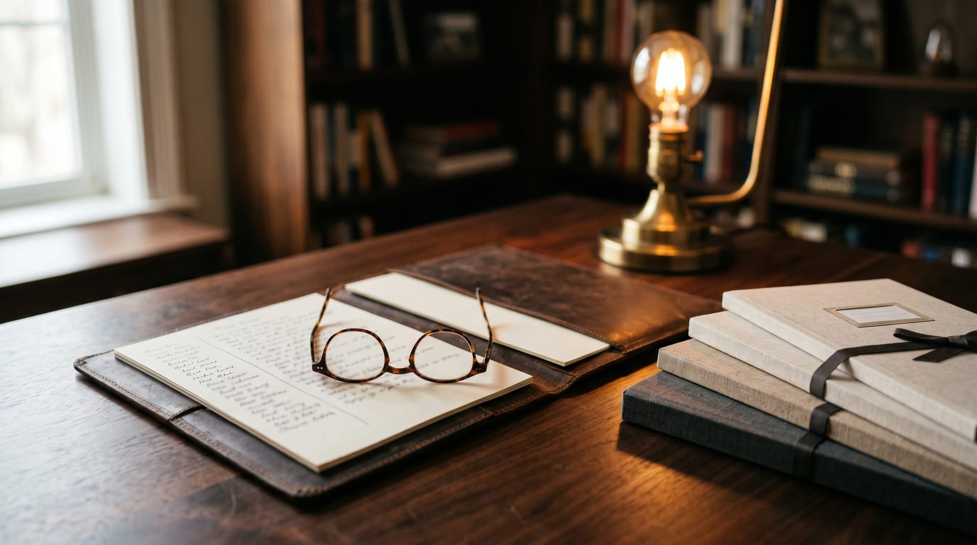 Professional executive desk with an open portfolio, a pair of reading glasses, and three neatly stacked document folders in warm lamplight, representing the three-question test every business should answer about their AI security tool before the next procurement cycle.