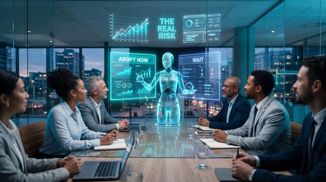 Business team watching a translucent cyan holographic AI employee gesture toward a floating dashboard weighing adopt-now against wait during the 2026 AI slowdown debate