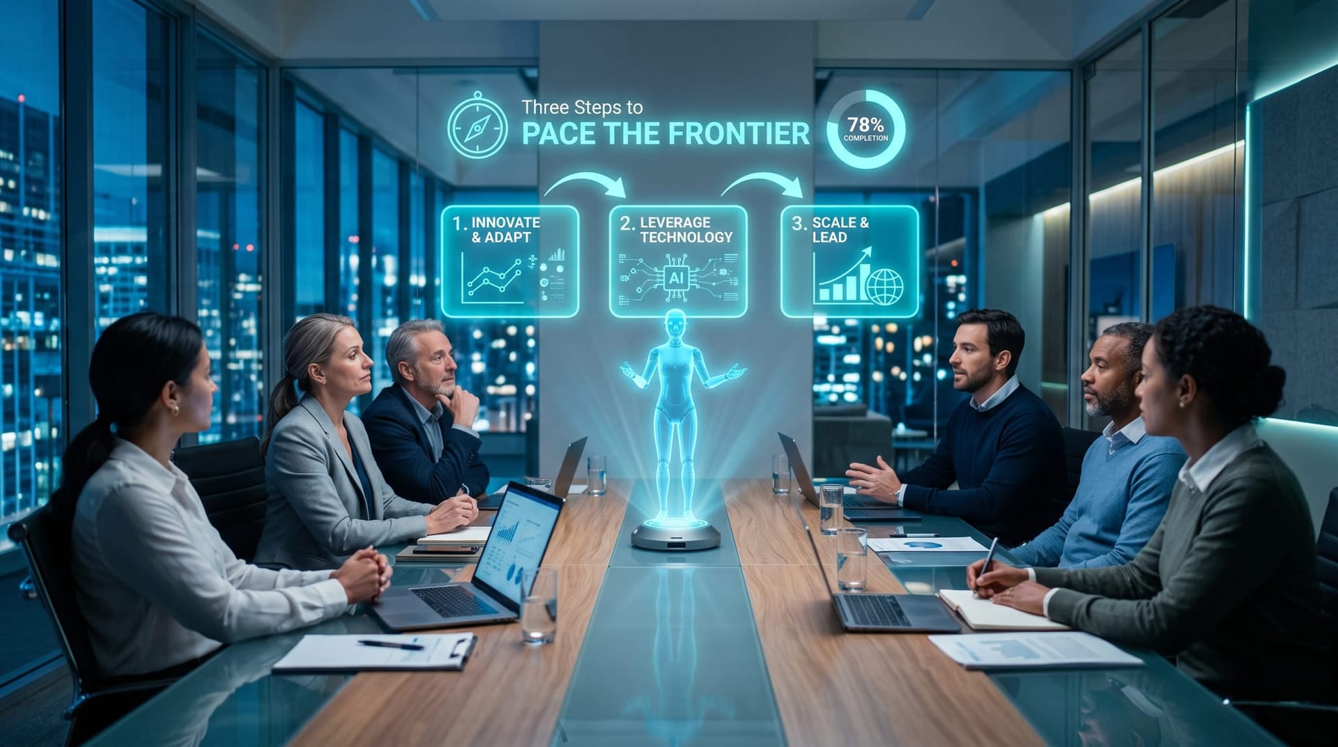 Executives around a boardroom table reacting to a holographic three-step pace the frontier plan projected above the table in glowing cyan panels