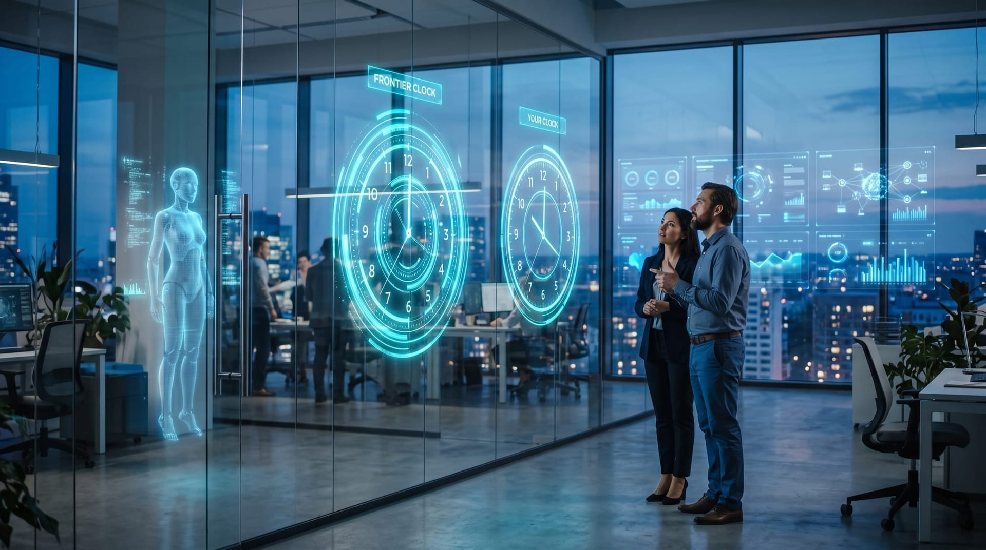 Two separate glowing holographic clock dials floating in a cyan-lit office, one labeled frontier research and one labeled your business, illustrating two different clocks