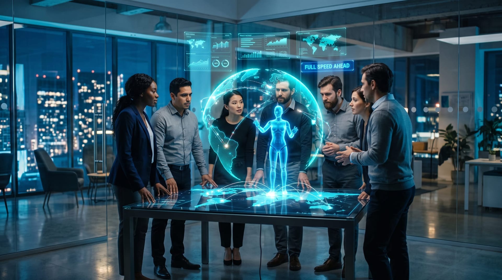 Colleagues at a standing display watching a glowing world map hologram with policy data panels illustrating governments rejecting an AI slowdown