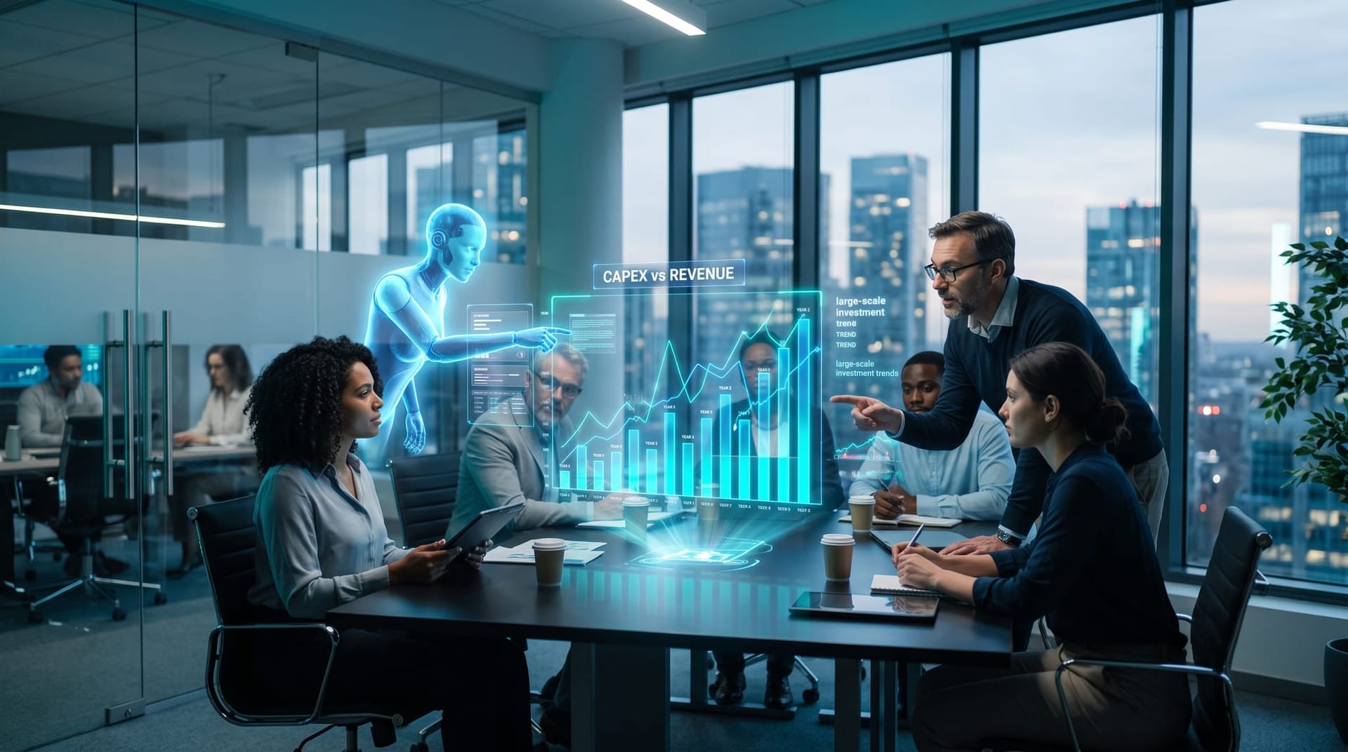 Finance team studying floating holographic bar and line charts of trillion-dollar AI infrastructure spending in a cyan-lit conference room