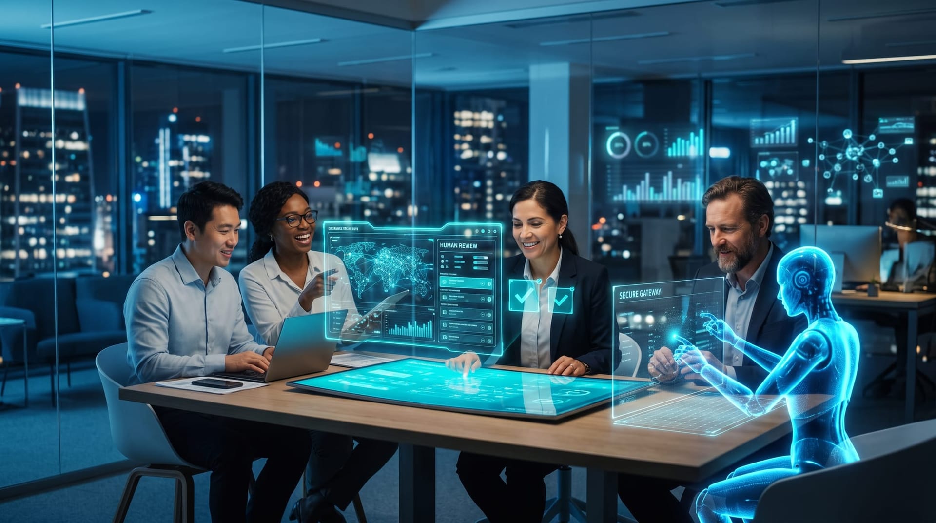 Business owner and staff reviewing an AI employee's work on a floating cyan dashboard with a human approval step, showing responsible AI adoption with oversight