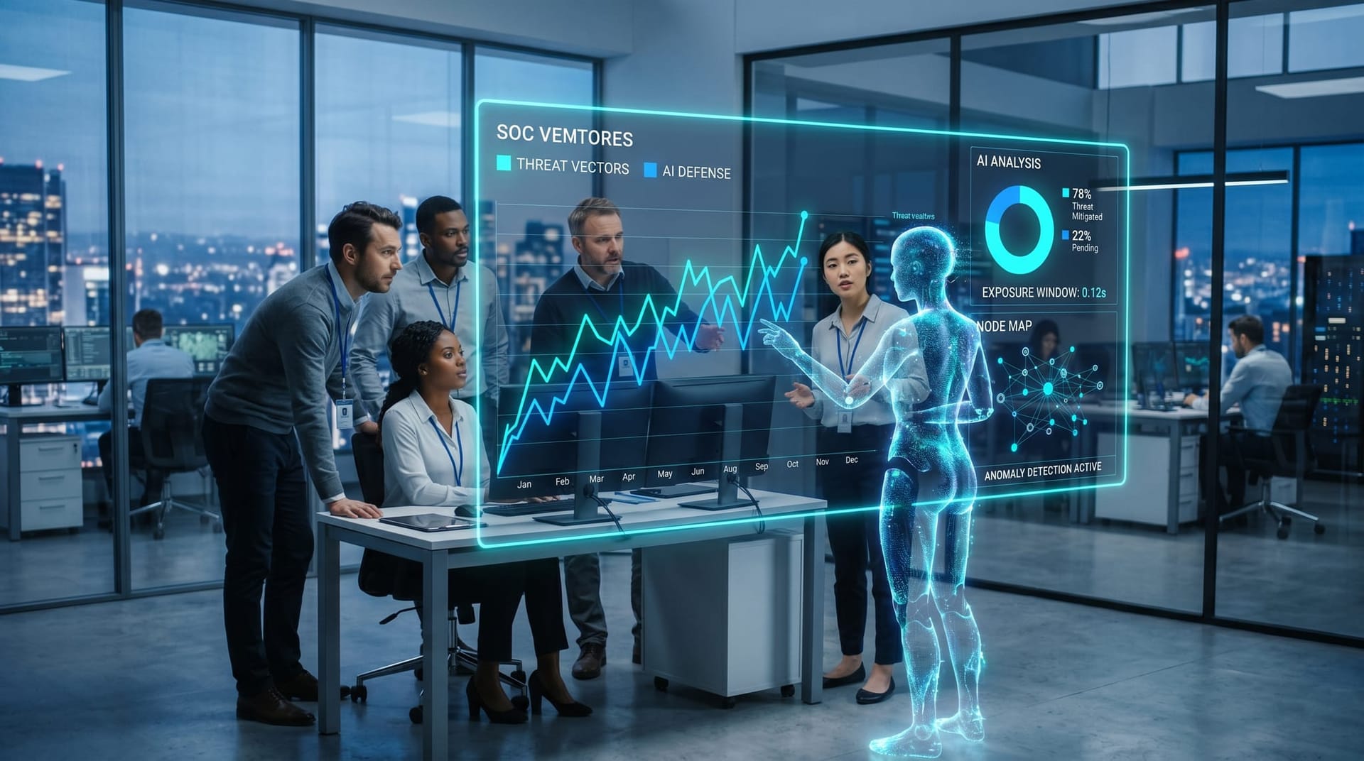 Diverse business team reviews a holographic AI security dashboard beside a translucent cyan AI Employee avatar, illustrating the 2026 patch window race