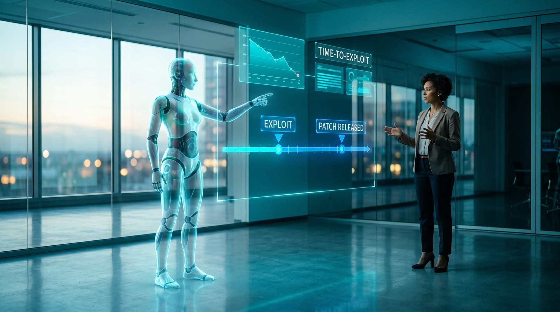 Translucent cyan AI Employee avatar points to a holographic timeline showing exploitation occurring before a patch exists in a glass-walled office
