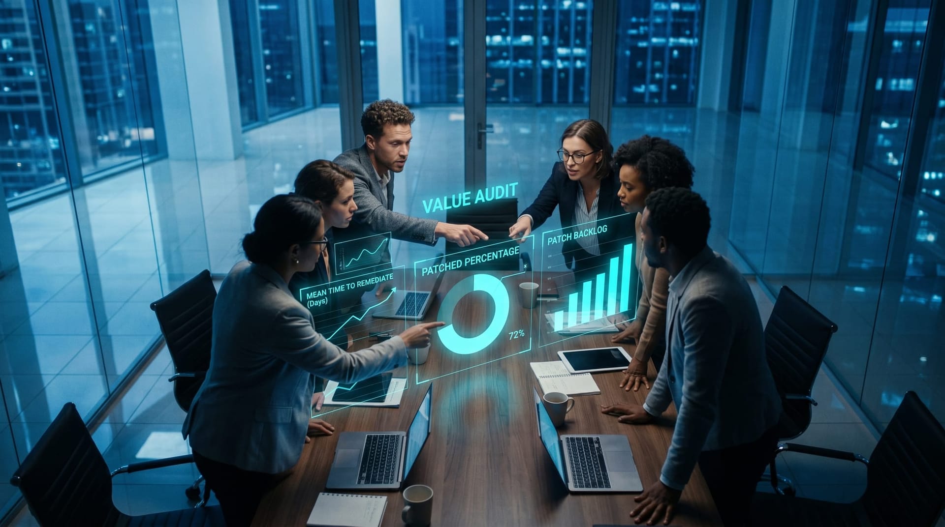 Colleagues around a conference table review floating cyan charts of patch remediation delays and unpatched vulnerability counts in a glass office