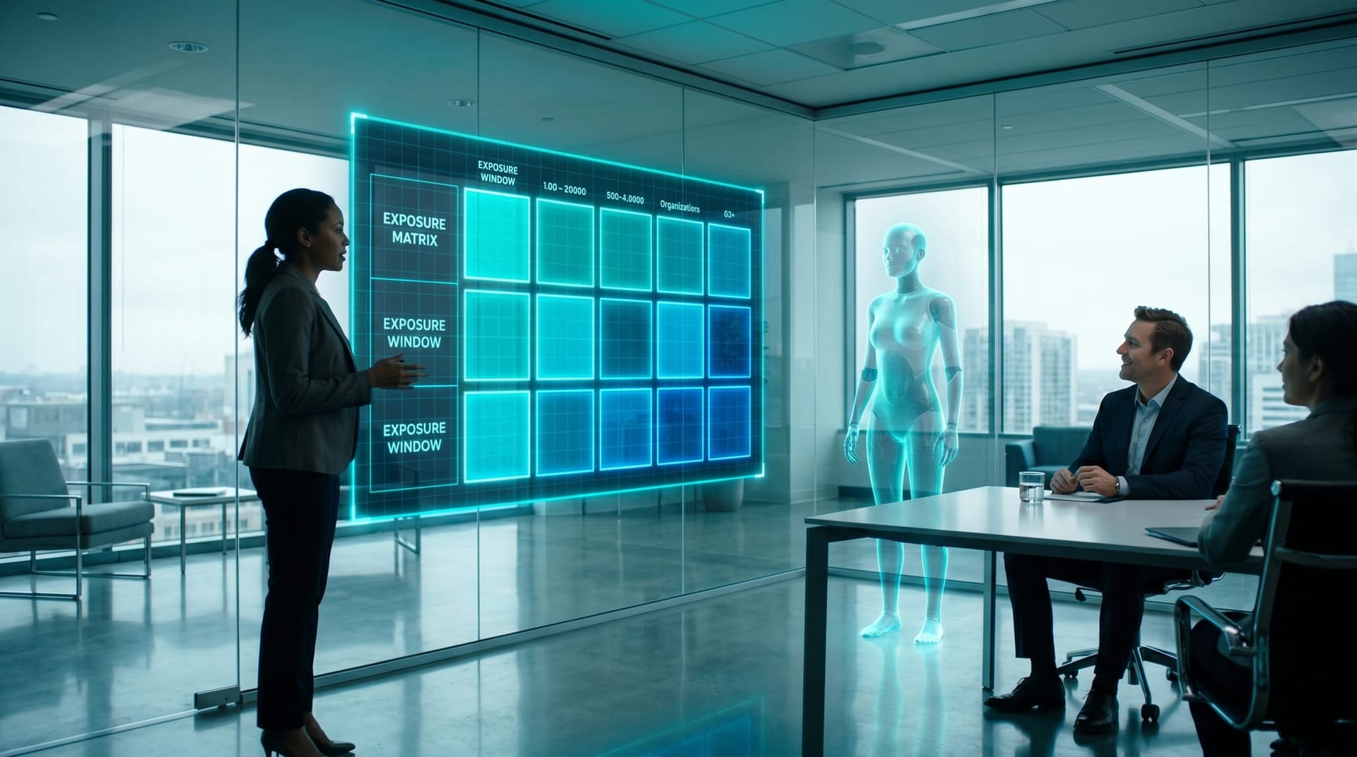 Presenter compares enterprise, mid-market, and small-shop exposure windows on a holographic cyan matrix beside a translucent AI Employee avatar