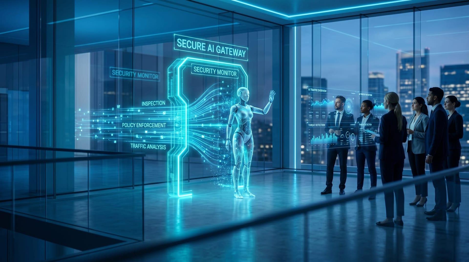 Translucent cyan AI Employee avatar stands at a glowing Secure AI Gateway choke point inspecting holographic data traffic between staff and systems