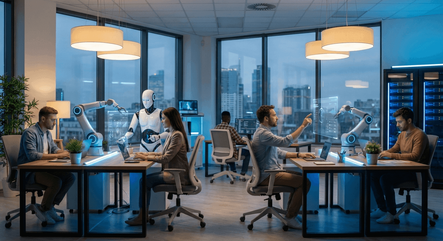 AI teammate concept: artificial intelligence working alongside a human team in a modern Fort Wayne business