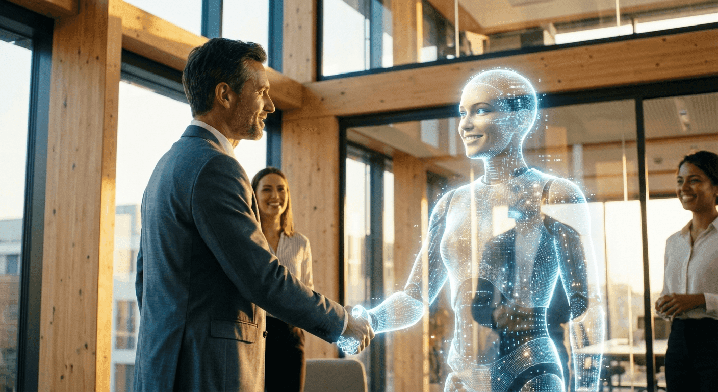 Human and AI shaking hands in a modern office — representing the partnership between business owners and their AI teammates