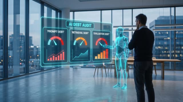 A holographic cyan AI debt audit dashboard tracking prompt, retrieval, and evaluation debt beside a translucent AI Employee avatar in a modern office