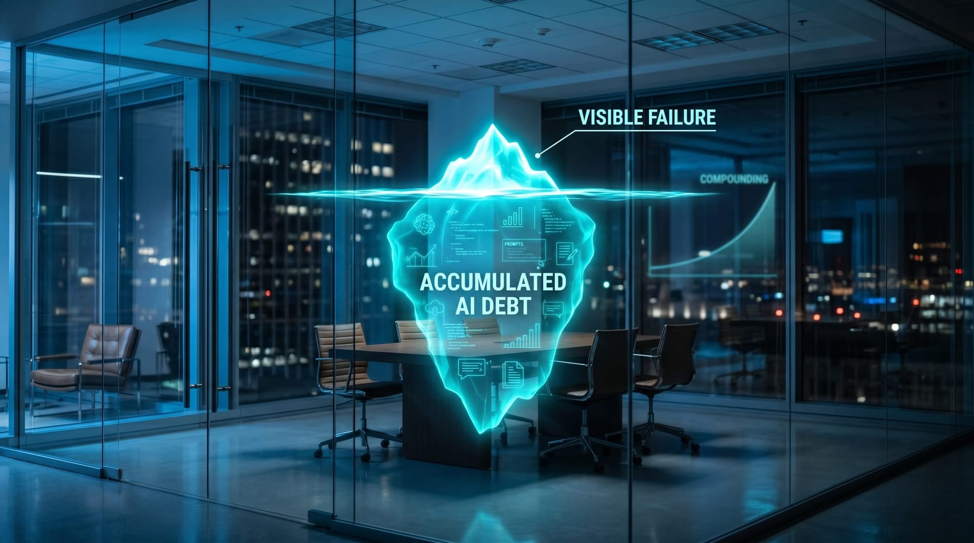 An iceberg-style holographic visualization showing a small visible AI failure above a large hidden mass of accumulated AI technical debt below