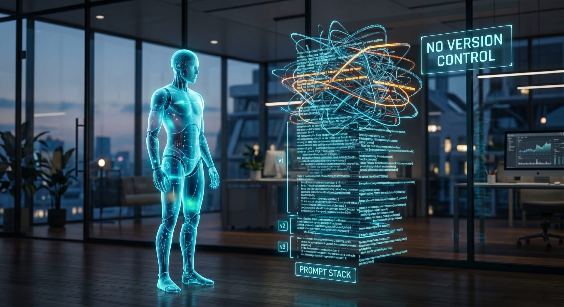 A translucent cyan AI Employee avatar beside a bloated tangled holographic prompt stack showing prompt debt accumulating in a modern office