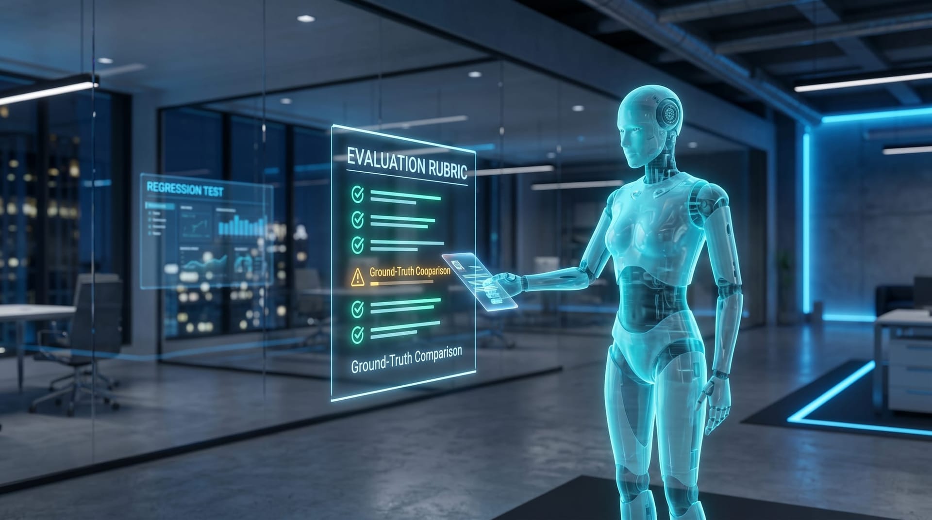 A holographic evaluation checkpoint where an AI Employee answer is tested against a ground-truth rubric showing a failed regression check in cyan