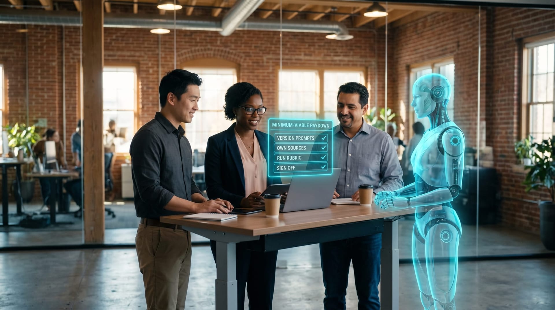 A Northeast Indiana mid-market team reviewing a simple AI debt paydown checklist on a holographic cyan panel in an exposed-brick office