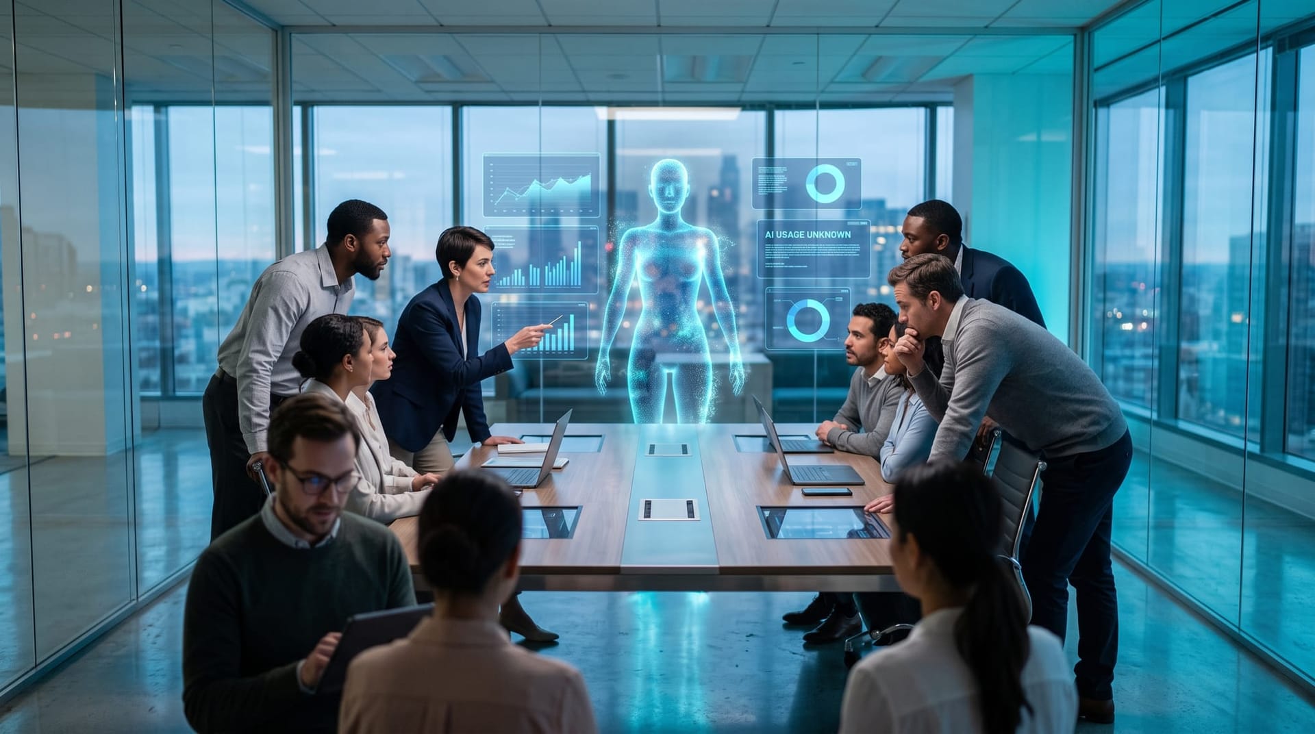 Business team studying a translucent cyan holographic AI figure surrounded by floating usage dashboards, showing the AI usage blind spot in 2026