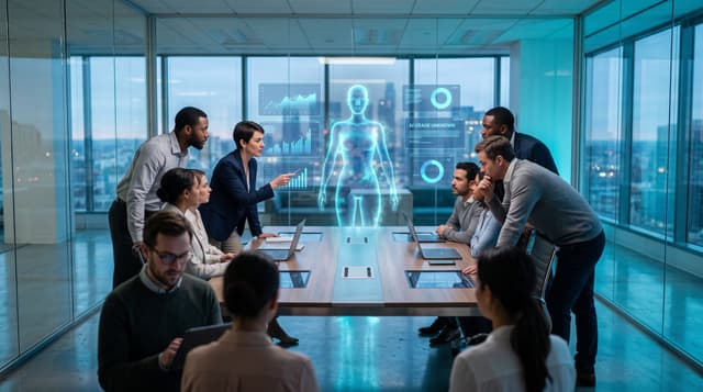 Business team studying a translucent cyan holographic AI figure surrounded by floating usage dashboards, showing the AI usage blind spot in 2026