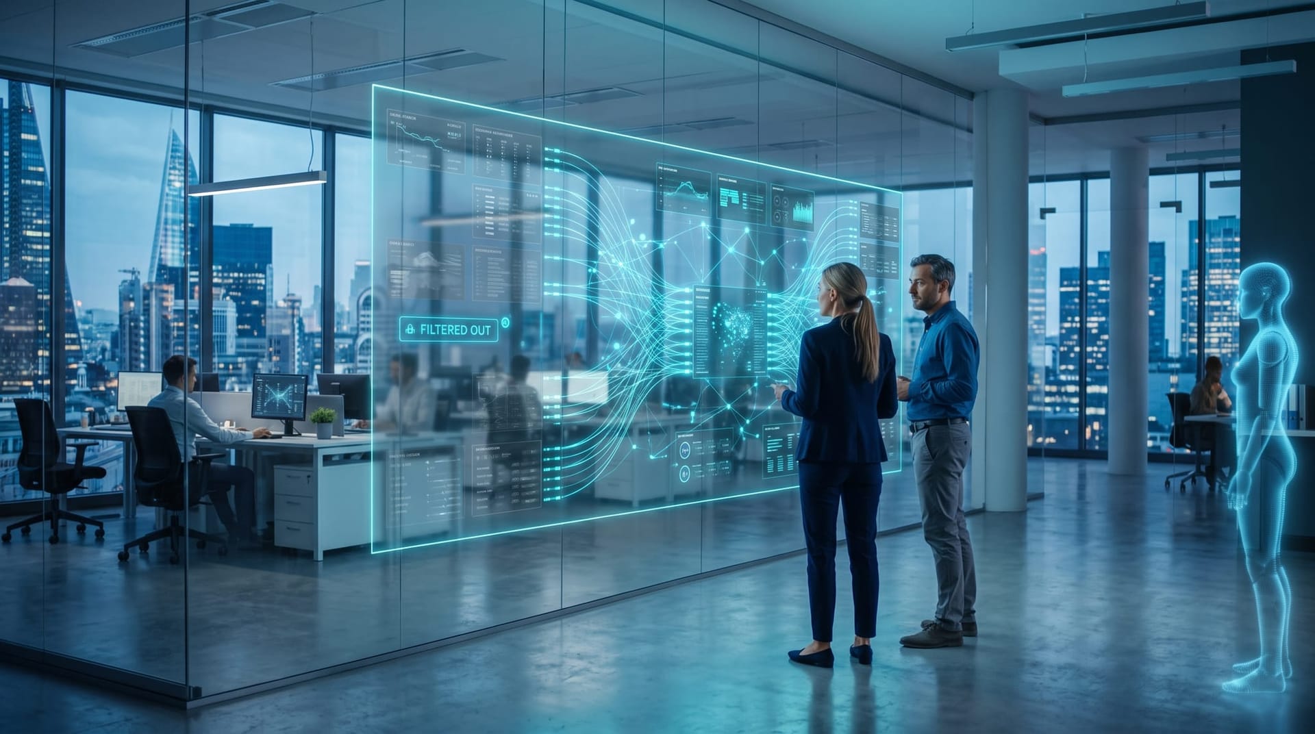 Analysts reviewing AI conversation data streams on a glowing cyan wall display in a modern office, showing incomplete AI usage visibility