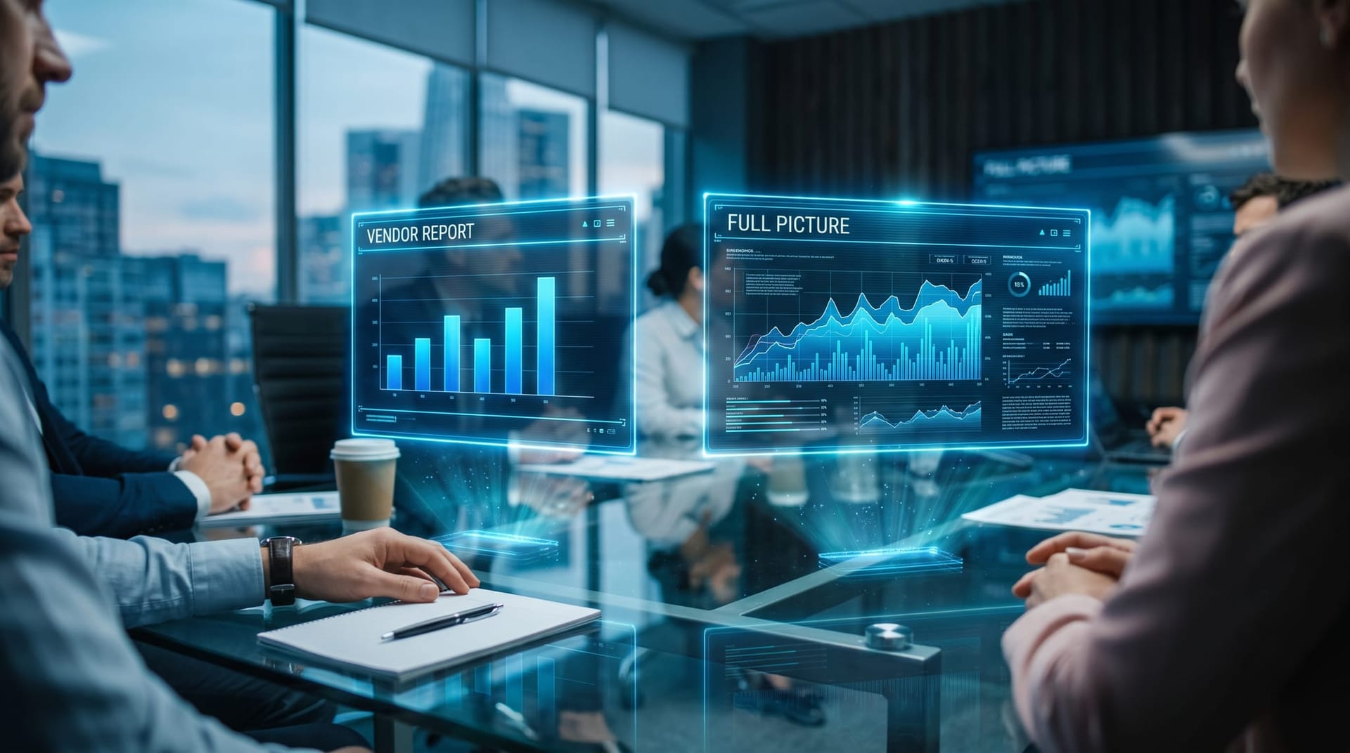 Two holographic report panels side by side over a conference table showing curated versus complete AI usage data in cyan glowing charts