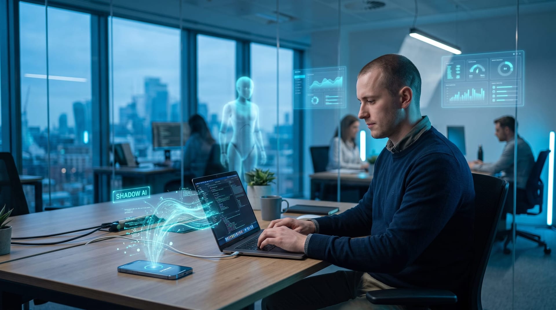 Employee at a laptop with a glowing cyan data stream flowing out of the screen toward an unmanaged personal device, showing shadow AI data exposure