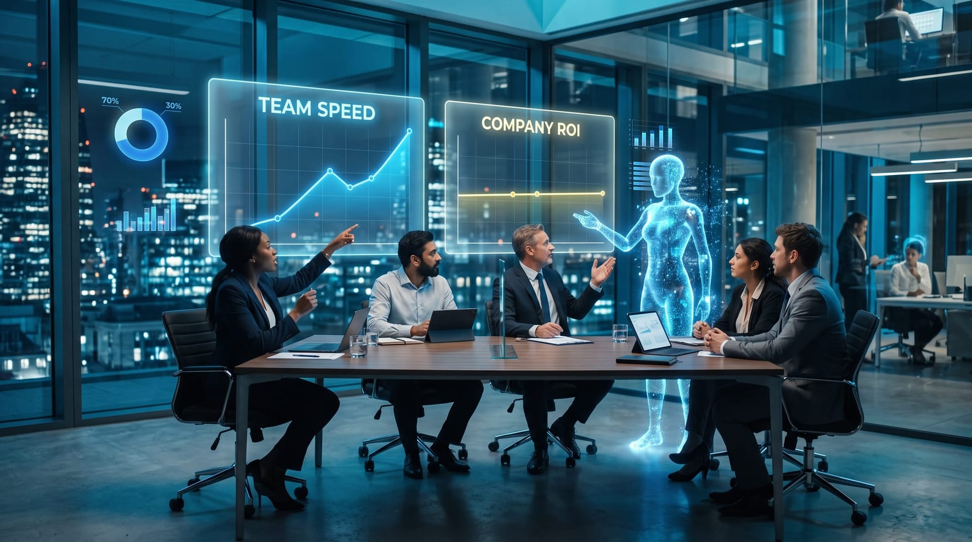 Business team around a table comparing a rising individual-speed chart against a flat company ROI chart on floating cyan holographic panels