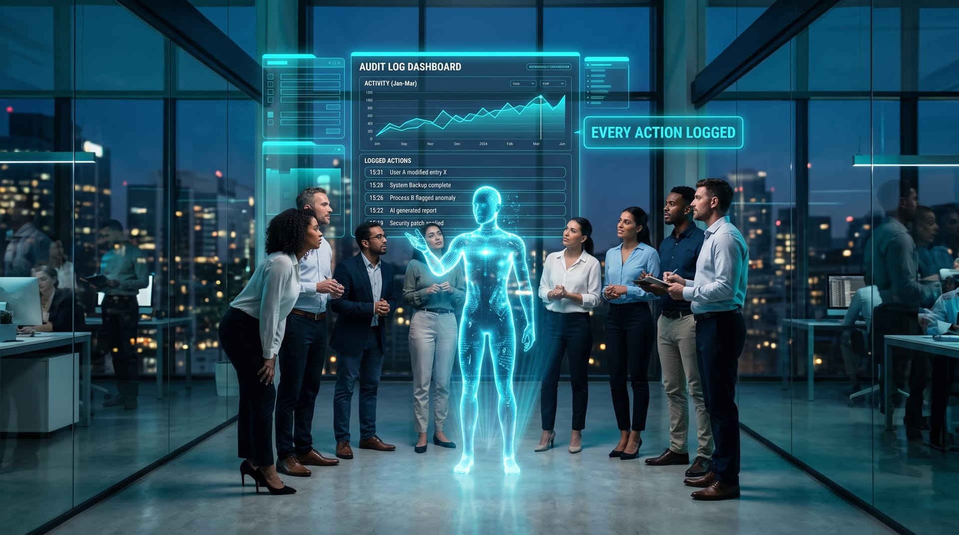 Translucent cyan holographic AI employee at the center of a team with a glowing secure gateway logging every action into a live audit dashboard