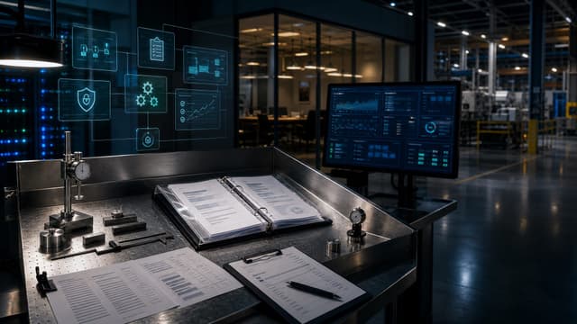 An empty quality-control inspection station with calibration tools, printed change logs, and an open binder on a stainless steel workbench, representing the 2026 AI vendor accountability standard.