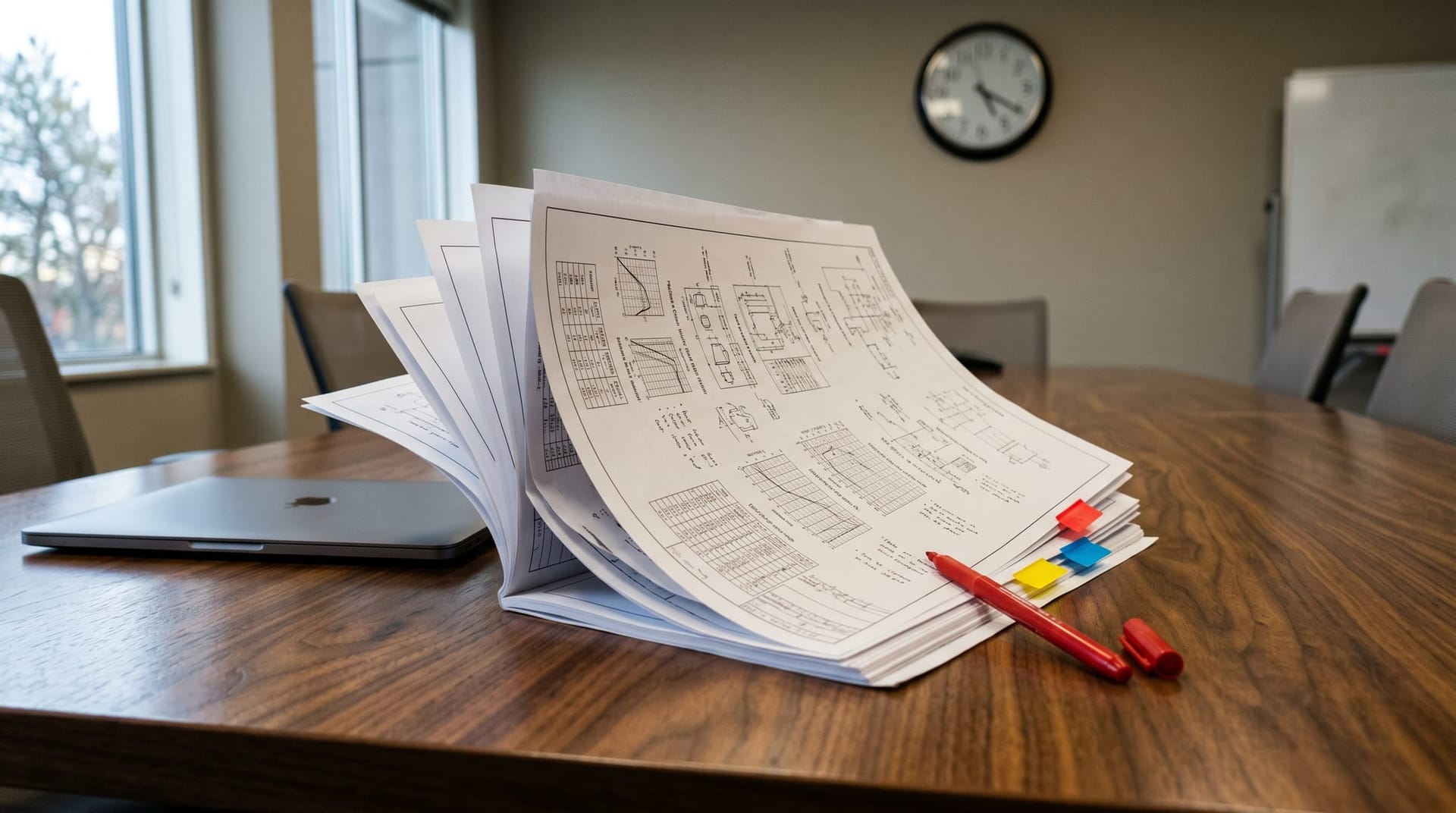 A printed engineering postmortem document on a wooden conference table with a red pen marking three highlighted incident entries, beside a closed laptop and an analog wall clock.