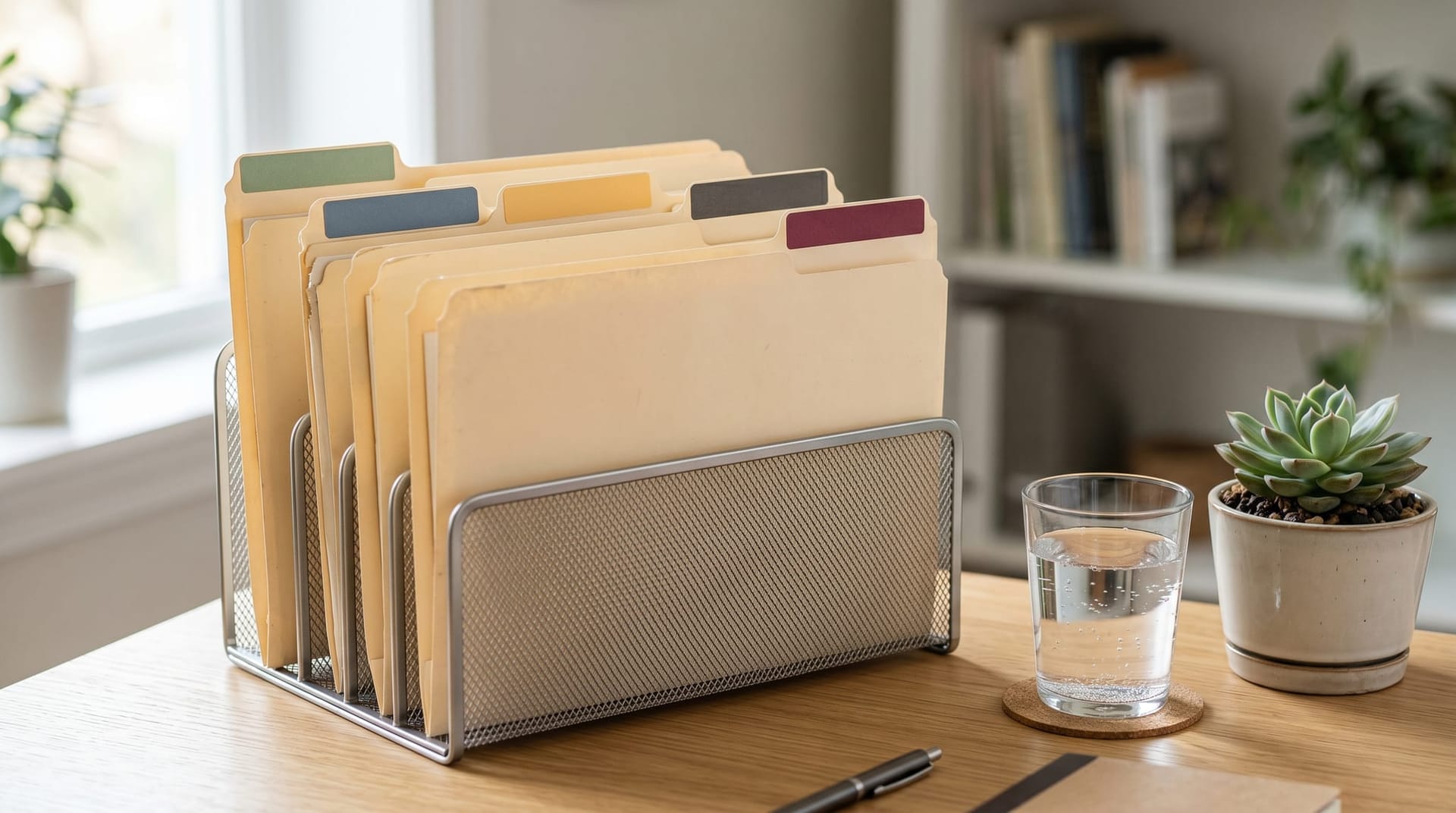Five labeled file folders standing upright in a stainless steel desk organizer, each tab a different muted color, representing the five requirements of the 2026 vendor accountability standard.