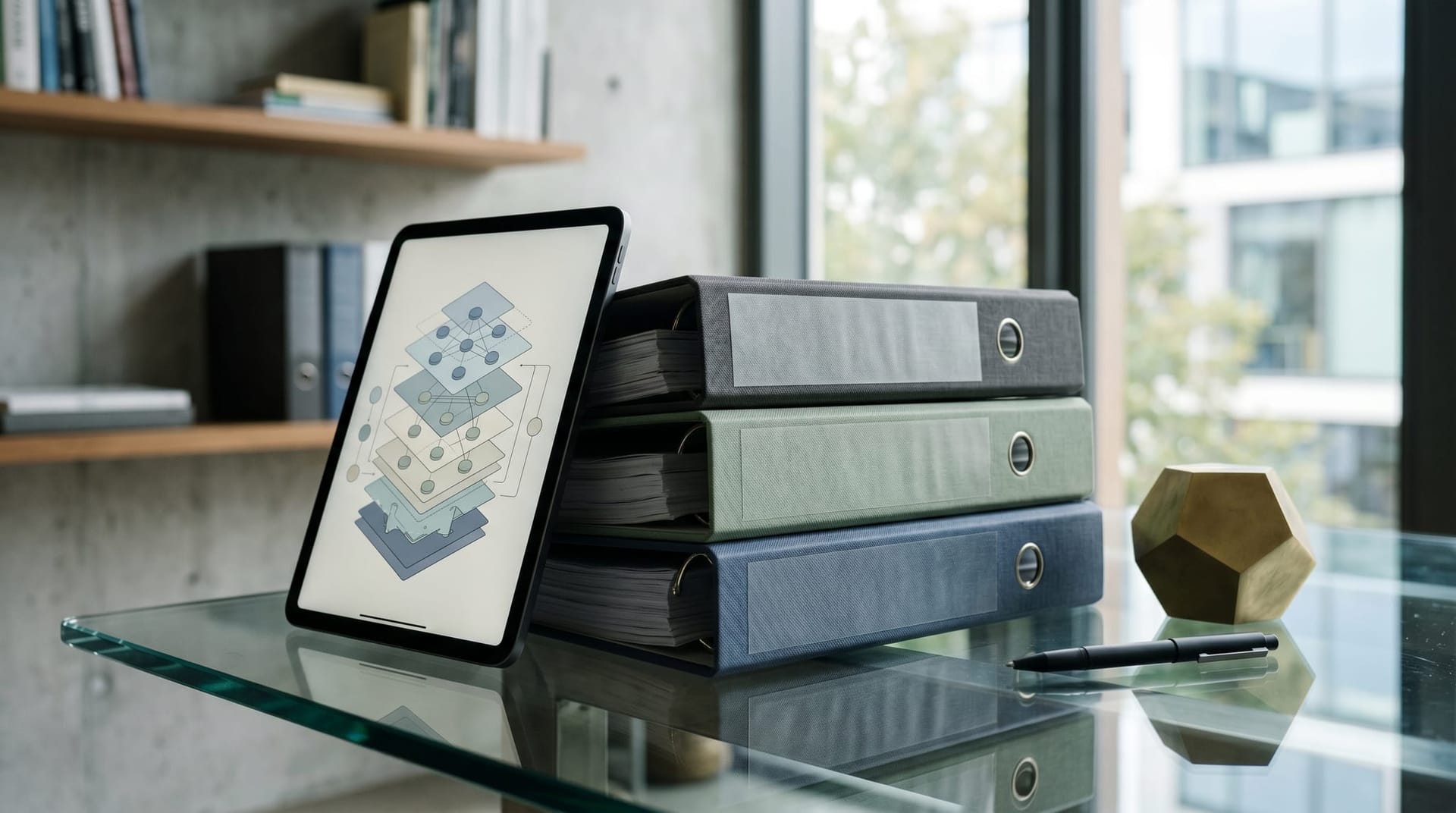 A stack of three reference binders on a glass desk beside a tablet showing an abstract layered architecture diagram, representing how the accountability standard composes with broader AI governance.