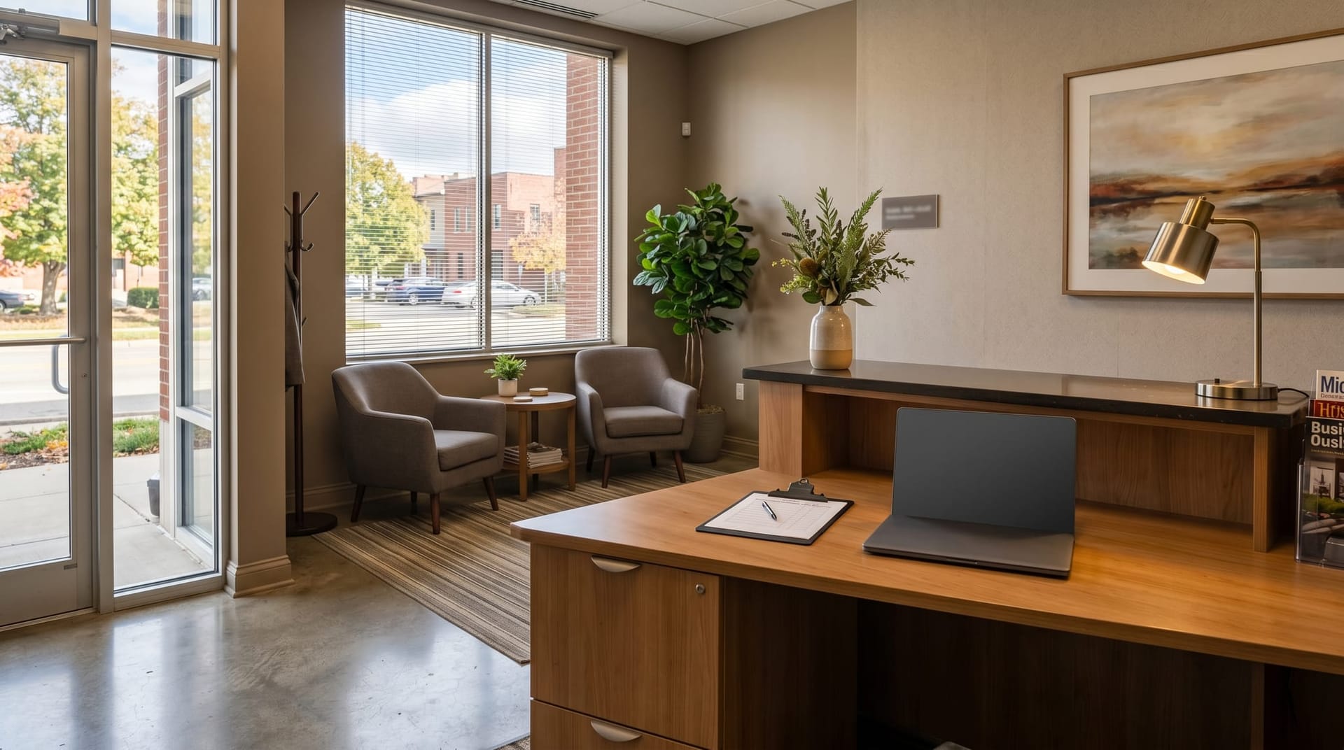 A small Fort Wayne professional services office reception area at midday with a desk, a closed laptop, and a printed checklist on a clipboard, representing the mid-market application of the accountability standard.