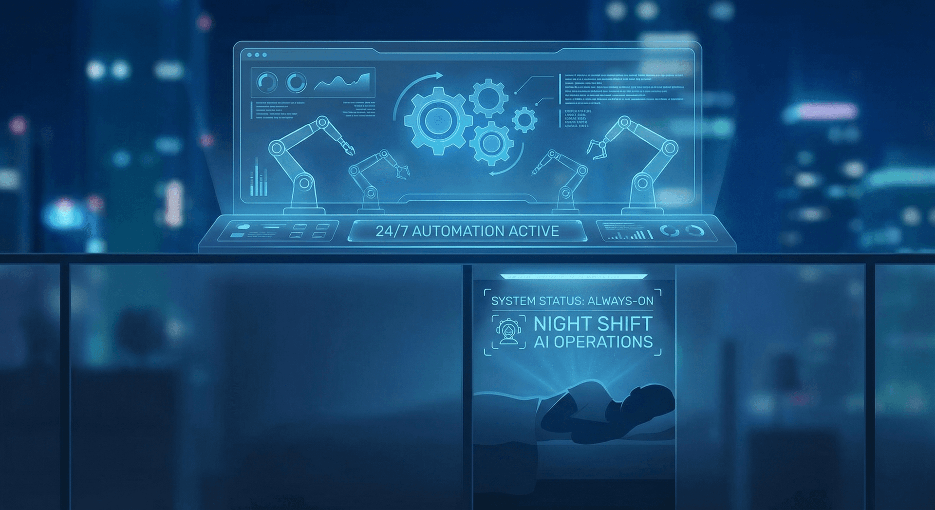 AI Employee working autonomously overnight while a business owner sleeps, processing tasks and generating reports in a modern digital workspace