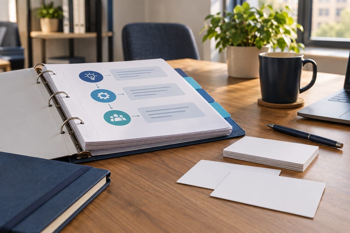 Training binder and exercise cards on a desk