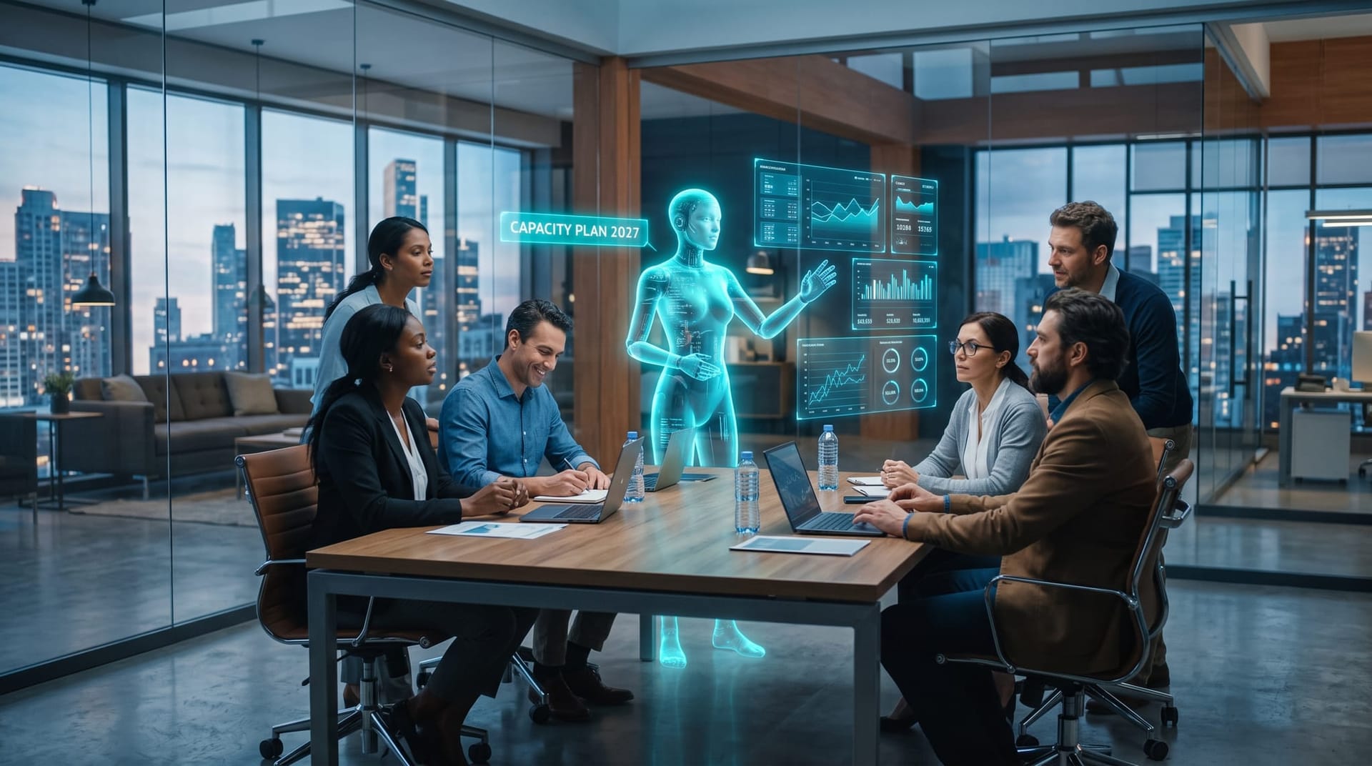 Business leaders reviewing an AI workforce planning dashboard as a holographic AI employee models capacity scenarios in a glass-walled office