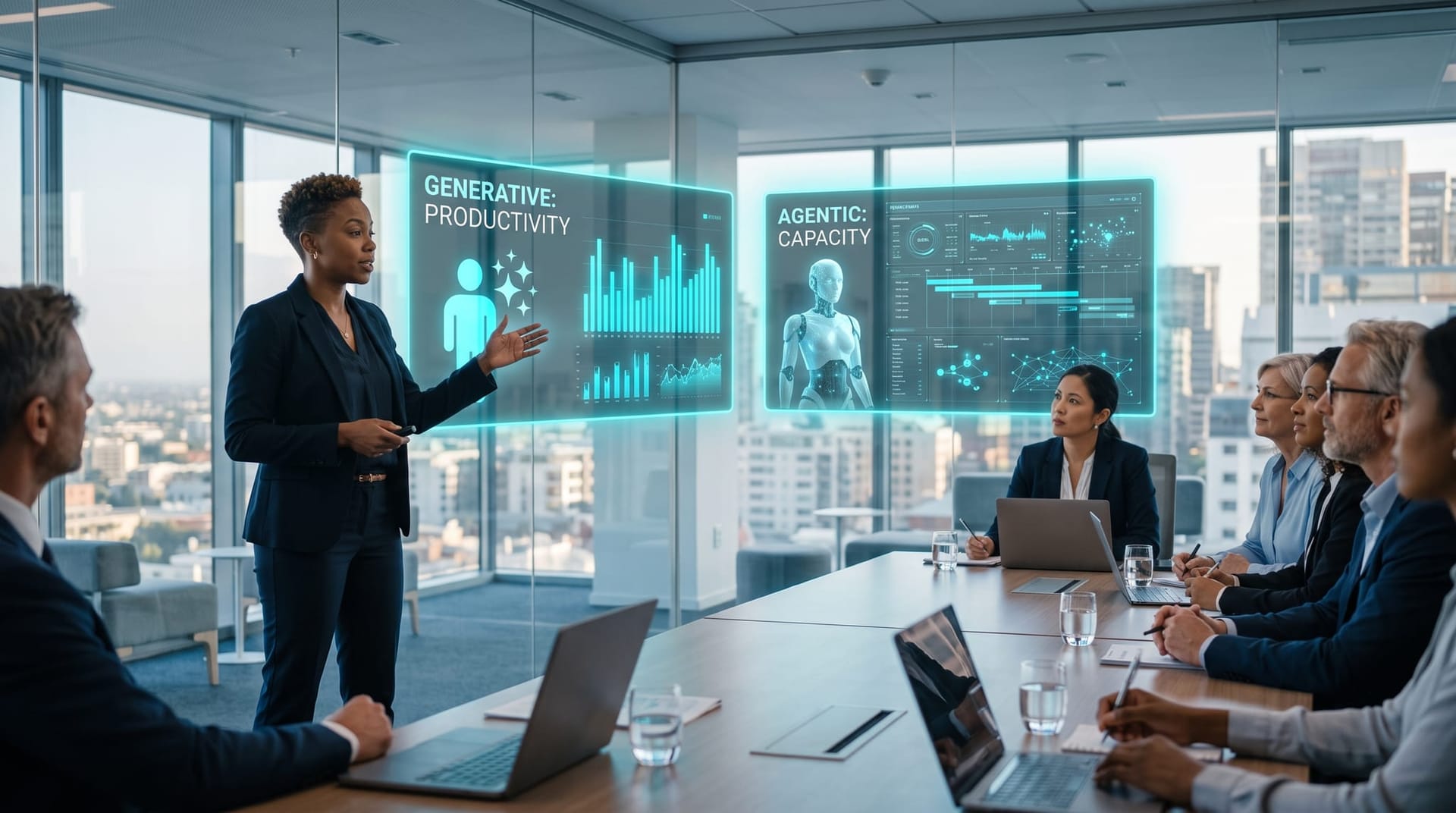A presenter explaining the difference between agentic and generative AI on floating holographic panels to a seated business team