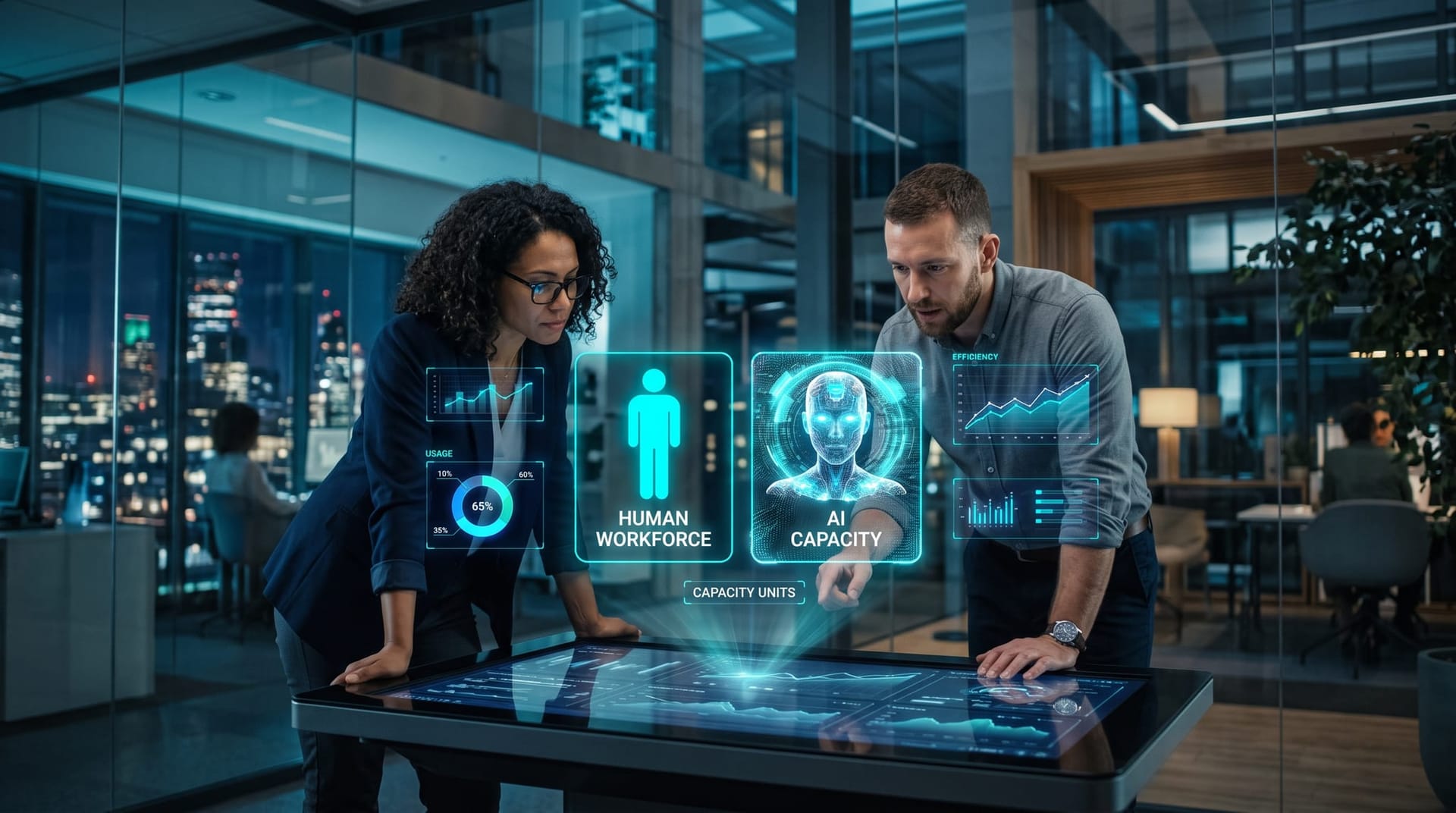 Holographic comparison of human and AI employee capacity units floating above a planning table in a cool-lit modern office