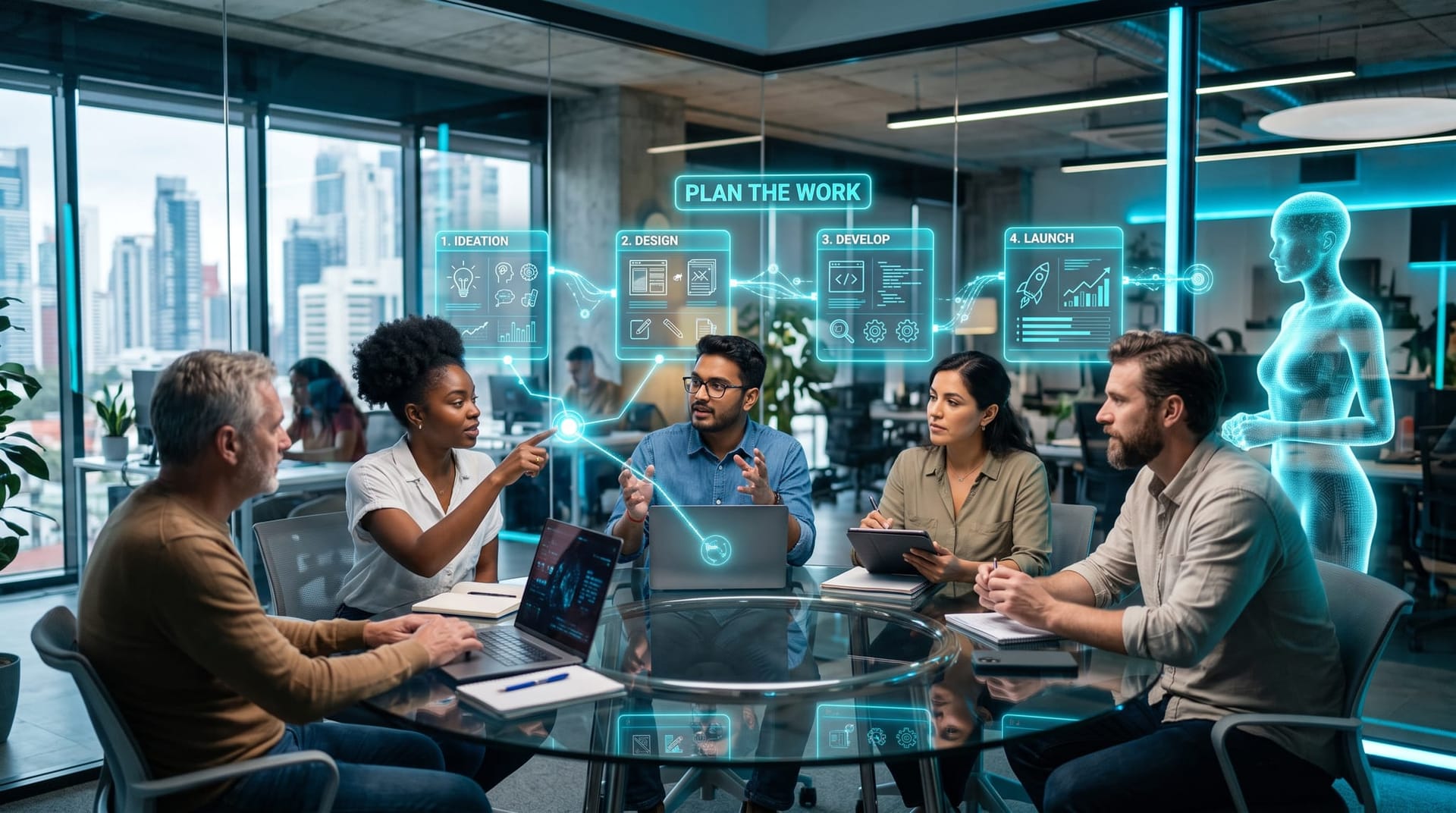 Business team mapping a four-step AI capacity planning model on holographic workflow panels with a cyan AI employee avatar