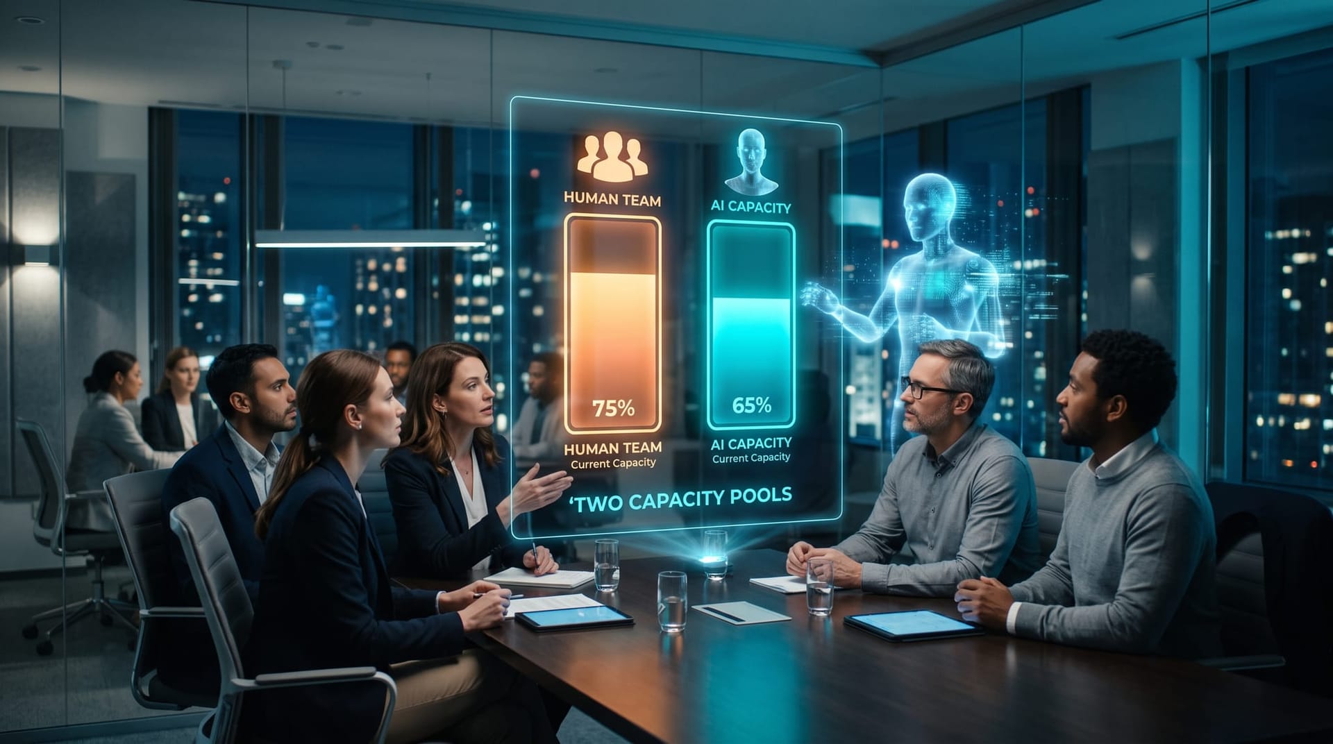 Executives watching a holographic dashboard showing two separate capacity pools of human and AI employees in a cool-lit boardroom