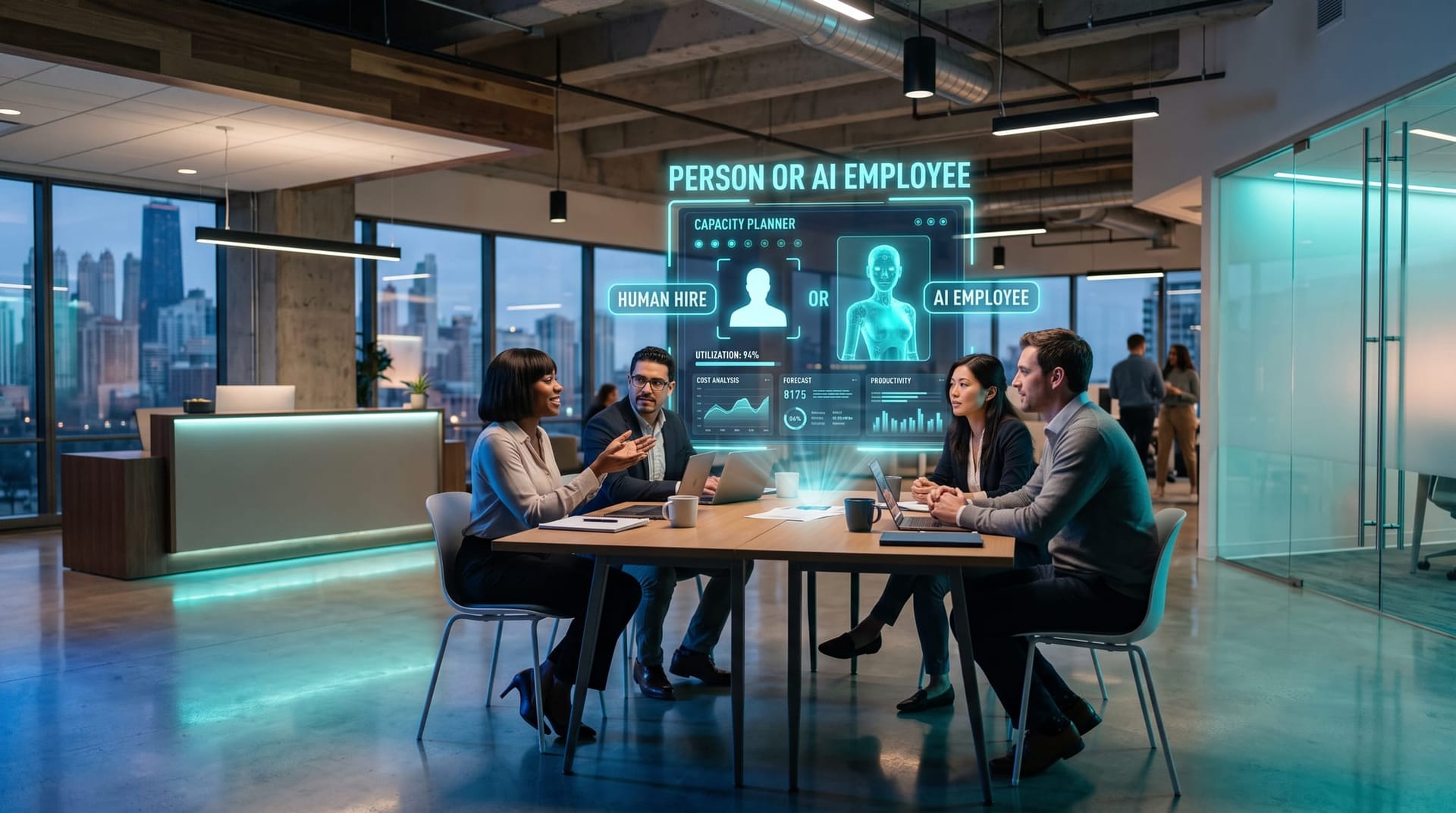 A Northeast Indiana professional services team deciding between a new hire and an AI employee using a holographic capacity planner