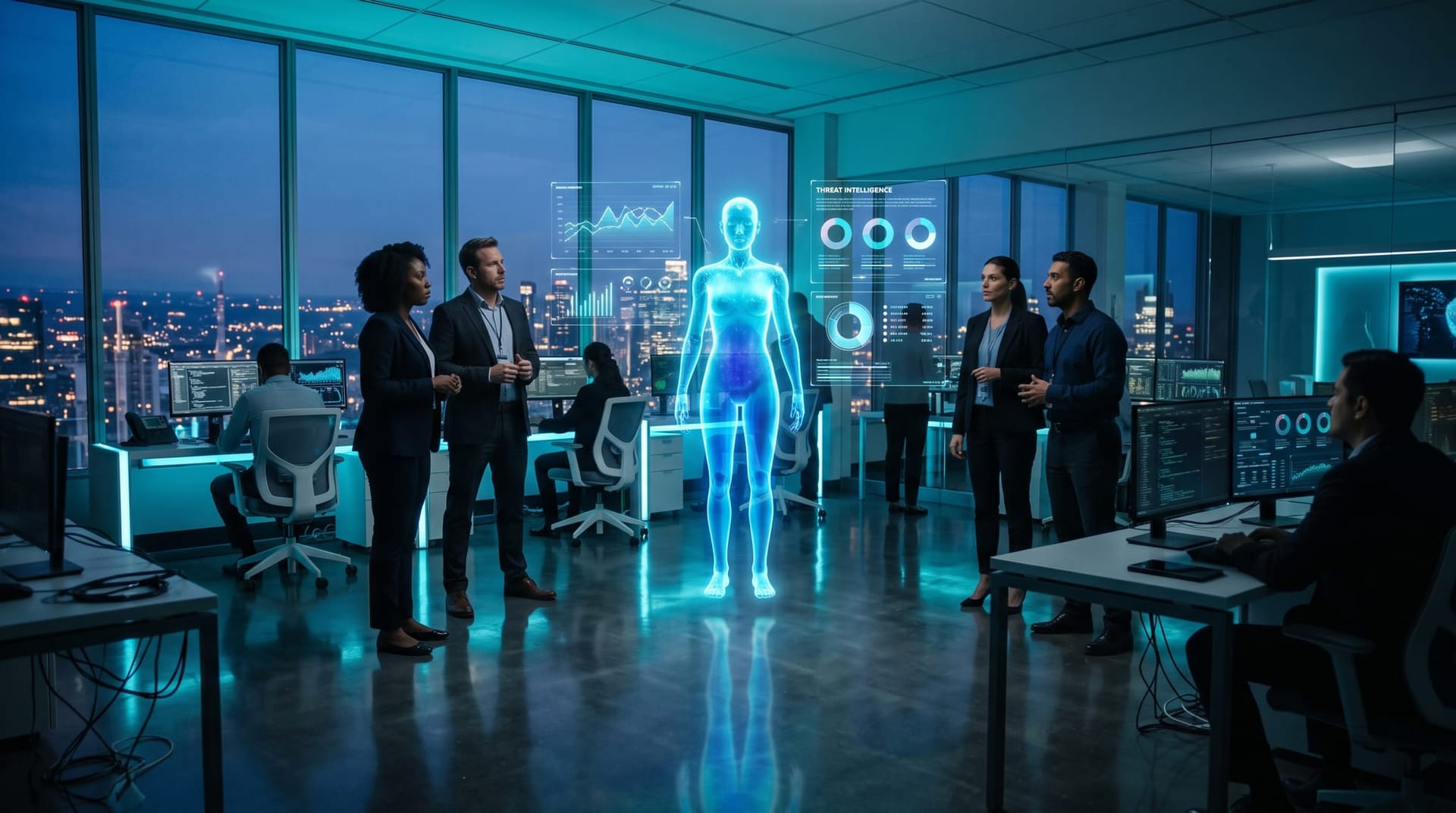 A security operations team studies a translucent cyan holographic AI avatar mapping agentic attack paths across a floating threat-intelligence dashboard