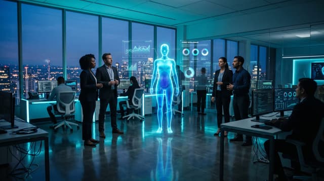 A security operations team studies a translucent cyan holographic AI avatar mapping agentic attack paths across a floating threat-intelligence dashboard