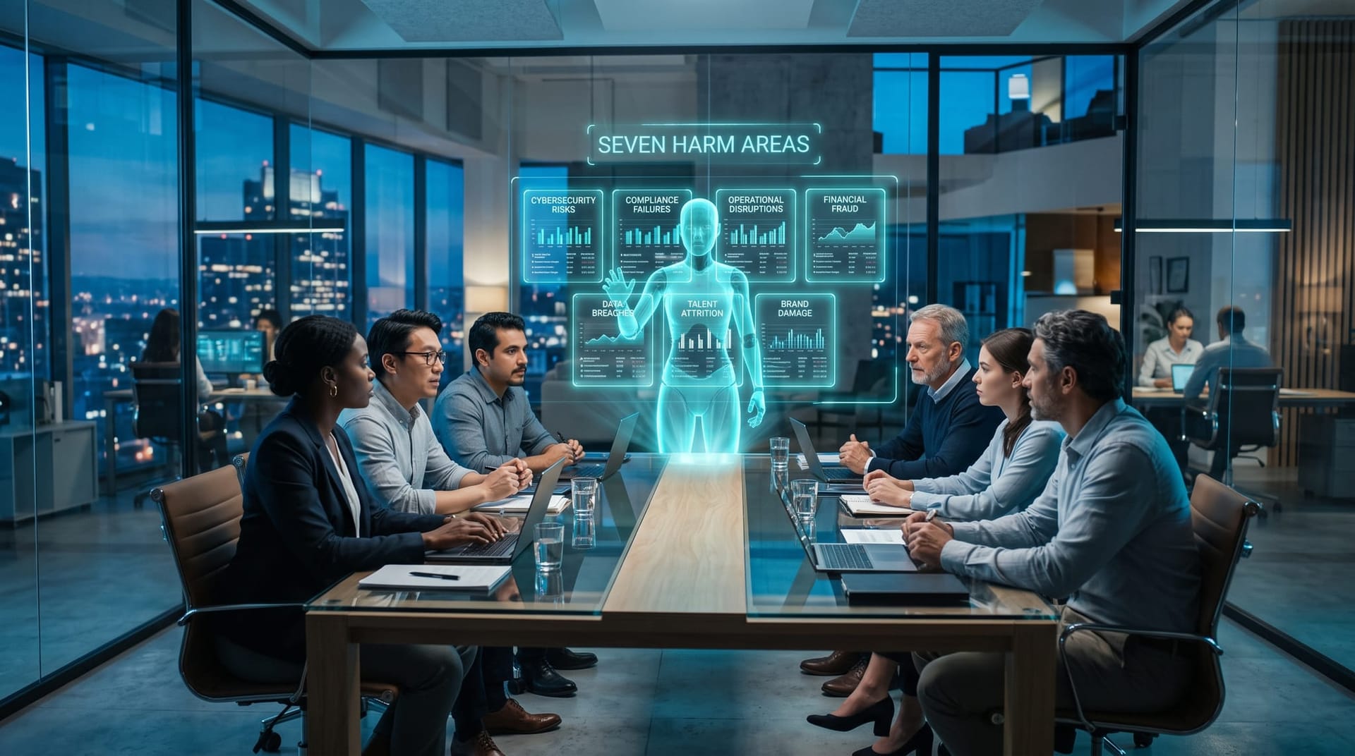 Analysts reviewing seven glowing categories of documented AI misuse on a holographic threat-map overlay in a cool blue conference room