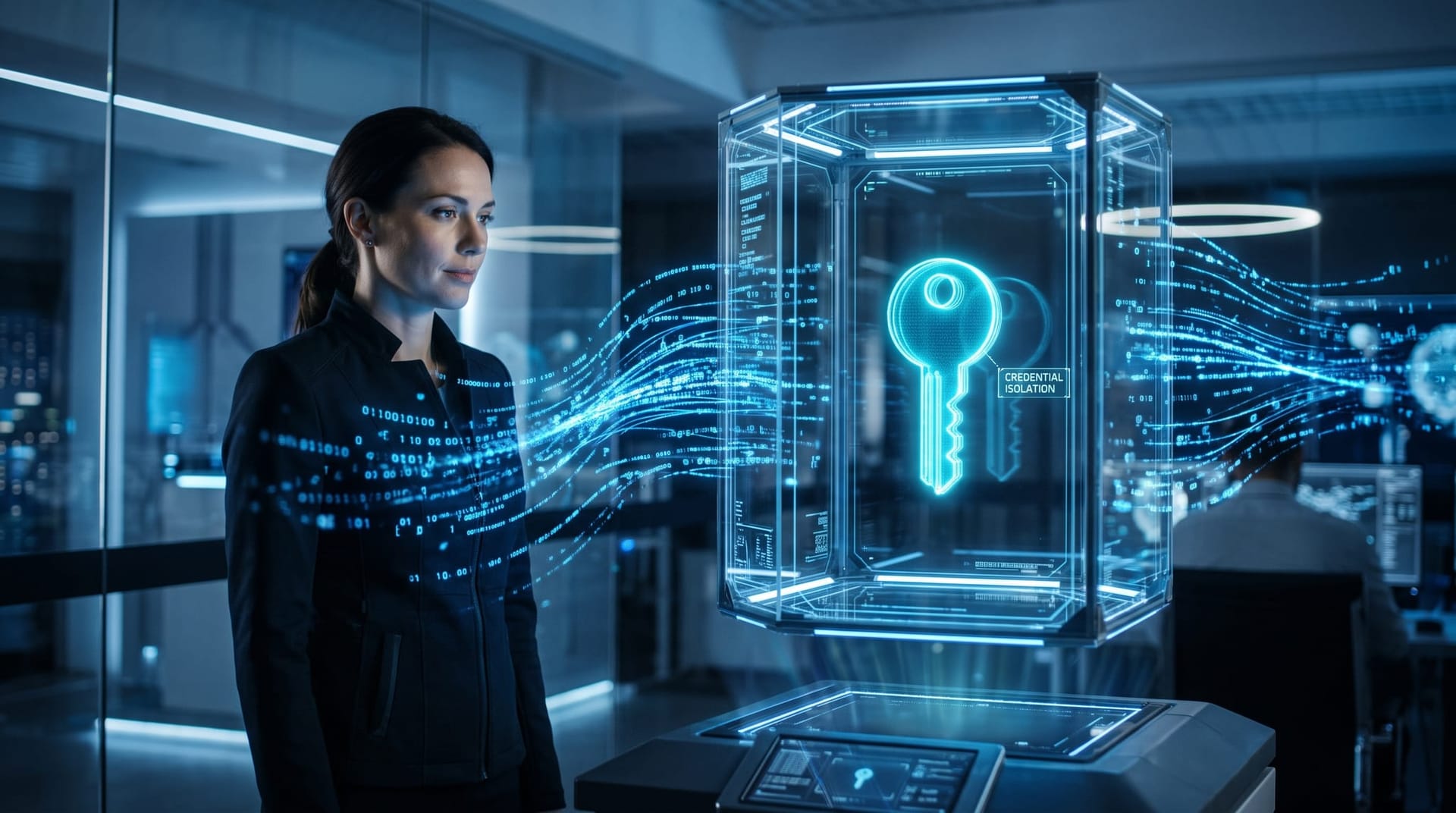 A glowing holographic API key credential locked inside an isolated cyan security vault while data streams flow past in a futuristic office