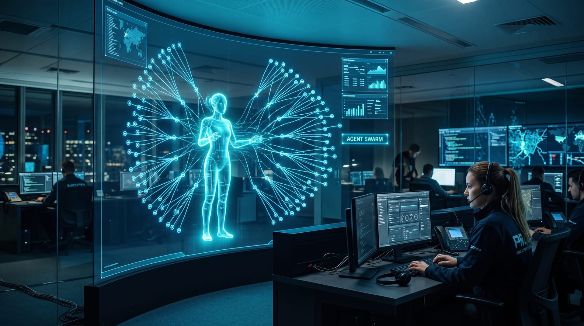 A translucent cyan AI avatar orchestrating multiple parallel autonomous agent nodes across a glowing network graph in a dim blue operations room