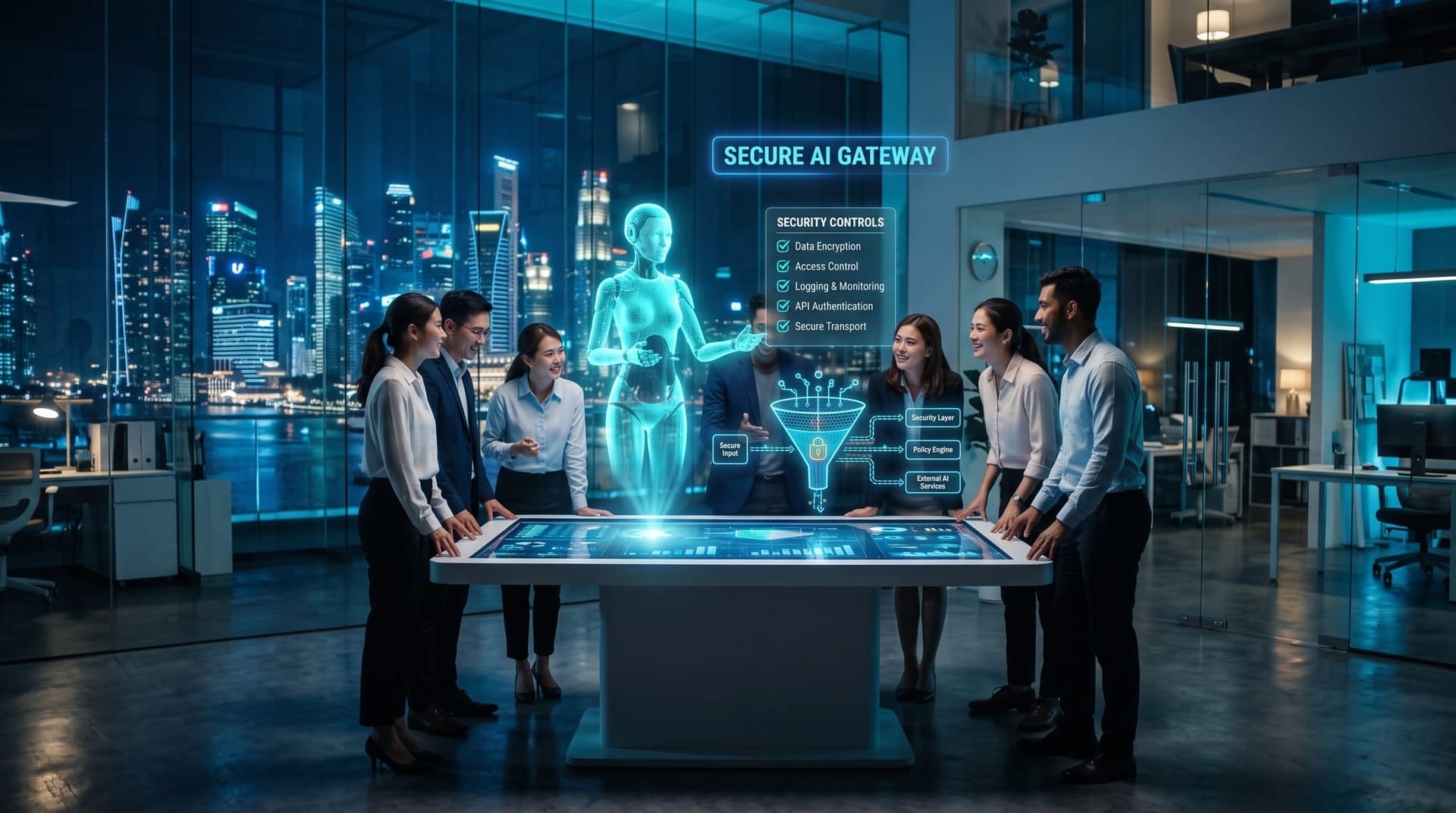 A business team reviewing a holographic defender checklist of AI agent security controls beside a glowing cyan gateway choke point